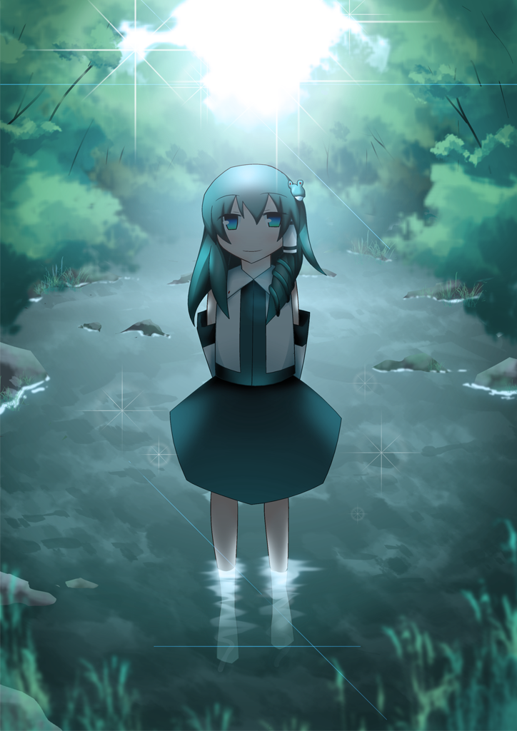 r (pixiv), ren (733), kochiya sanae, touhou, 1girl, detached sleeves, female focus, frog, full body, green hair, japanese clothes, long hair, miko, outdoors, partially submerged, plant, ribbon, sky, solo, standing, tree, water