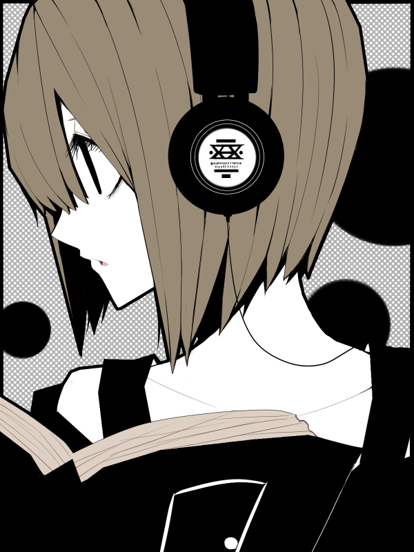 koto (kotocotton), hagiwara yukiho, idolmaster, idolmaster (classic), idolmaster 1, bad id, bad pixiv id, 00s, 1girl, bob cut, book, brown hair, female focus, headphones, monochrome, short hair, solo