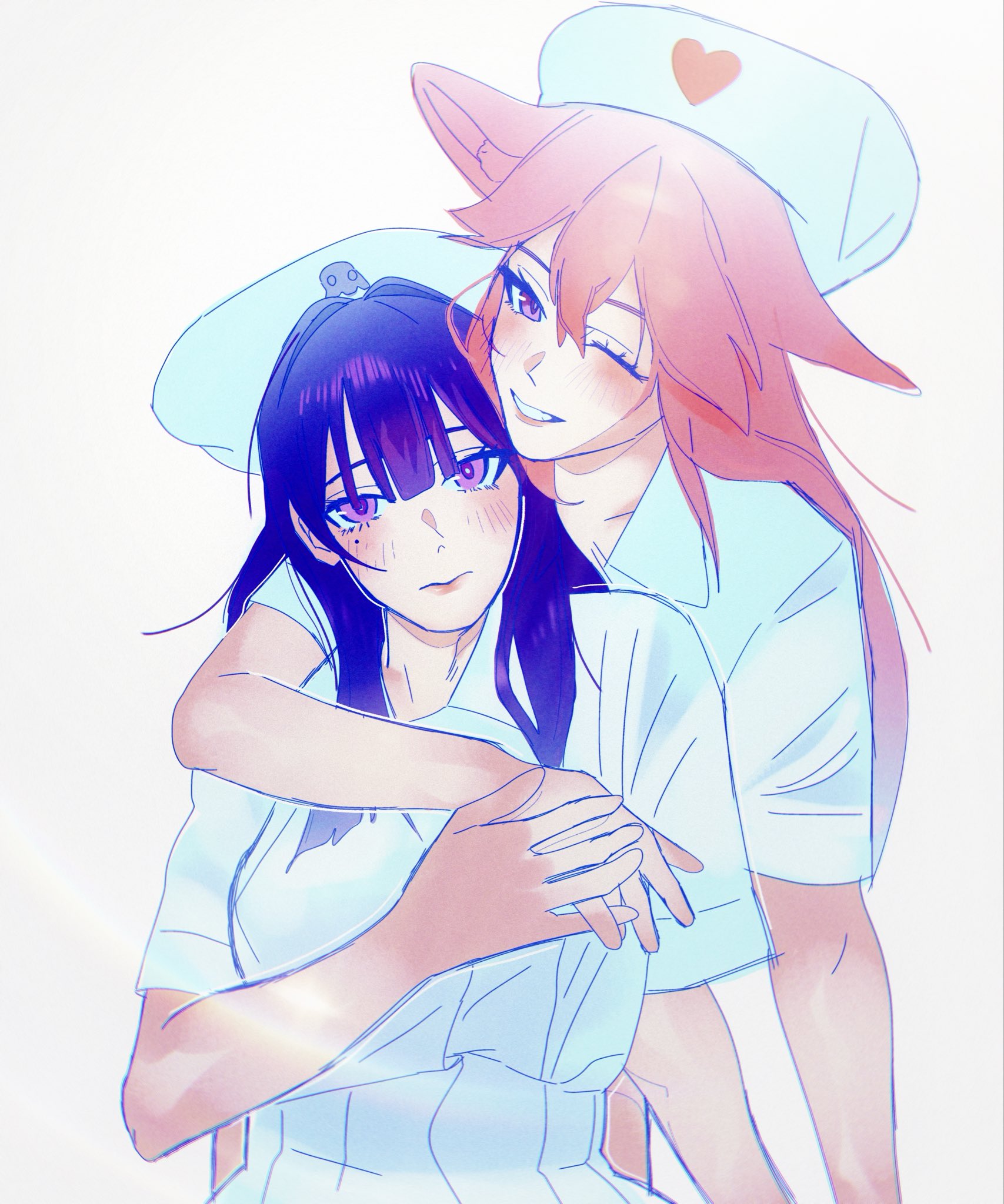 raiden shogun, yae miko, genshin impact, hashtag-only commentary, highres, 2girls, alternate costume, animal ears, blunt bangs, blush, closed mouth, collarbone, collared dress, couple, dress, fox ears, fox girl, friends, hair between eyes, hair intakes, hand on another's hand, hat, head tilt, heads together, leaning back, leaning forward, long hair, looking at viewer, mole, mole under eye, multicolored eyes, multicolored hair, multiple girls, nurse, nurse cap, one eye closed, phainonsgirlie, pink lips, purple eyes, purple hair, shade, short sleeves, simple background, smile, standing, streaked hair, teeth, upper body, white background, white dress, yuri