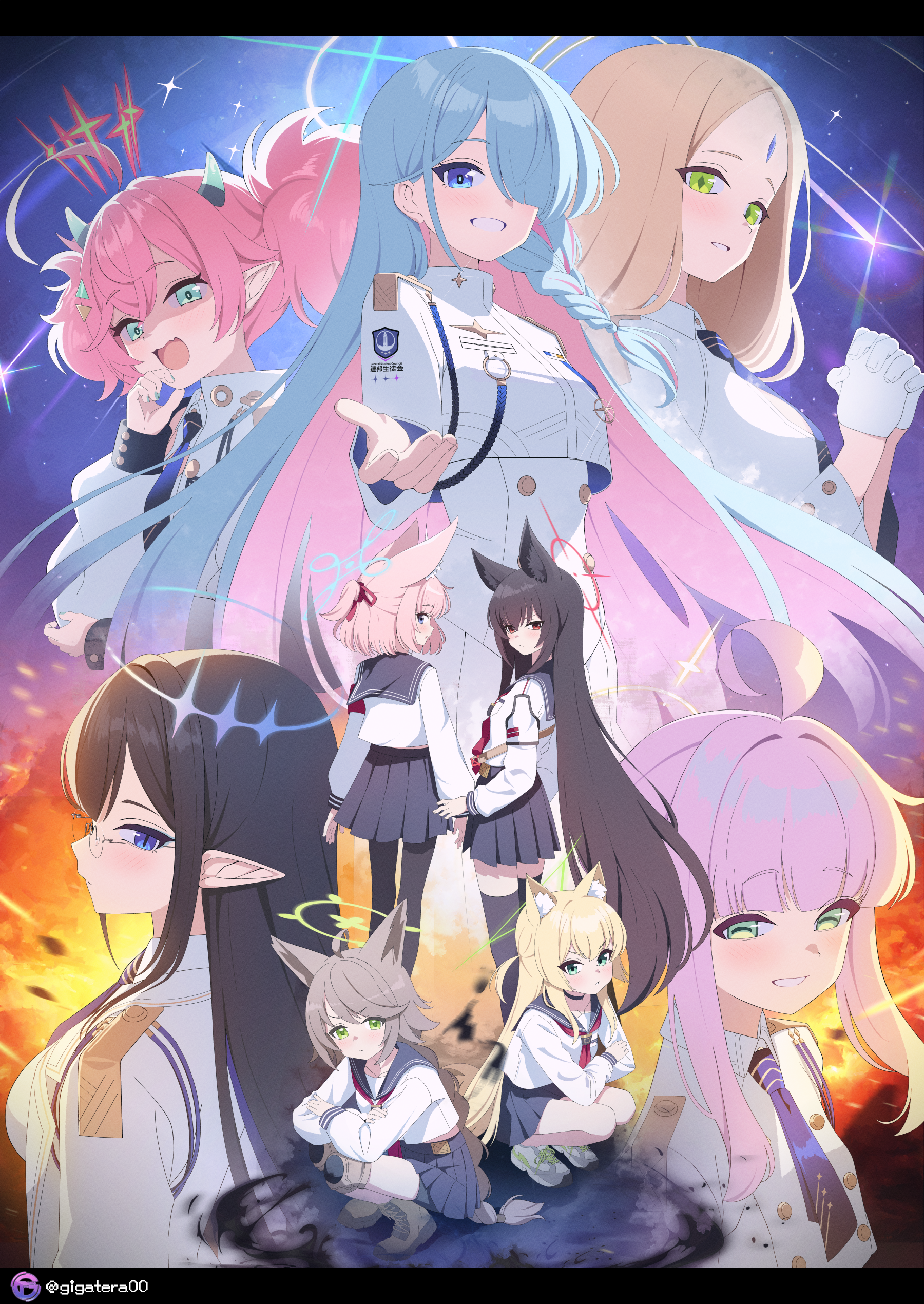 giga-tera, ayumu (blue archive), general student council president (blue archive), kaya (blue archive), kurumi (blue archive), momoka (blue archive), niko (blue archive), otogi (blue archive), rin (blue archive), yukino (blue archive), blue archive, absurdres, highres, 6+girls, black hair, black pantyhose, black thighhighs, blonde hair, blue eyes, blue hair, blue halo, blue necktie, blue sailor collar, blue skirt, blush, boots, brown boots, brown hair, closed mouth, crossed arms, dress, forehead, forehead jewel, fox platoon (blue archive), glasses, green eyes, green halo, grin, hair between eyes, hair over one eye, half updo, halo, jacket, knee pads, long hair, looking at viewer, multicolored hair, multiple girls, neckerchief, necktie, open mouth, own hands clasped, own hands together, pantyhose, pink hair, pink halo, pleated skirt, red neckerchief, sailor collar, shaded face, shirt, shoes, short hair, short twintails, sidelocks, skirt, smile, sneakers, squatting, thighhighs, twintails, two-tone hair, white dress, white jacket, white shirt, white shoes, zettai ryouiki
