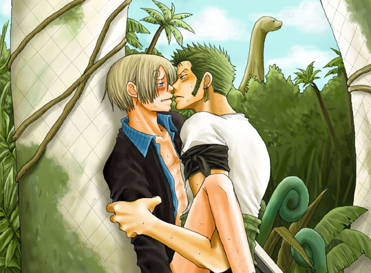 roronoa zoro, sanji (one piece), one piece, 2boys, blonde hair, blush, bottomless, dinosaur, earrings, green hair, imminent kiss, jewelry, male focus, multiple boys, open clothes, open shirt, outdoors, shirt, sweat, yaoi