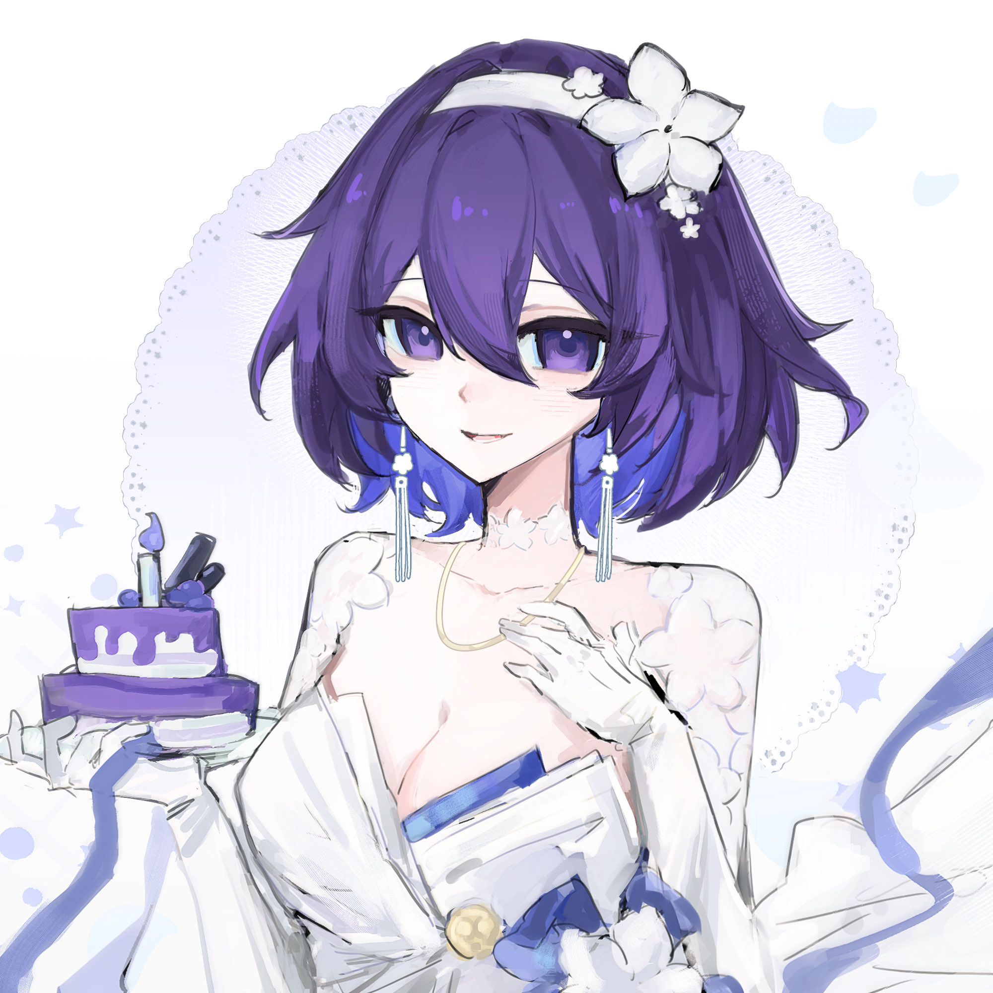seele vollerei, honkai (series), honkai impact 3rd, commentary, english commentary, highres, 1girl, blue hair, breasts, cake, cleavage, dress, earrings, flower, food, gloves, hair flower, hair ornament, hairband, holding, holding cake, holding food, jewelry, large breasts, looking at viewer, multicolored hair, purple eyes, purple hair, short hair, smile, solo, two-tone hair, upper body, white dress, white gloves, white hairband, yu jin36372