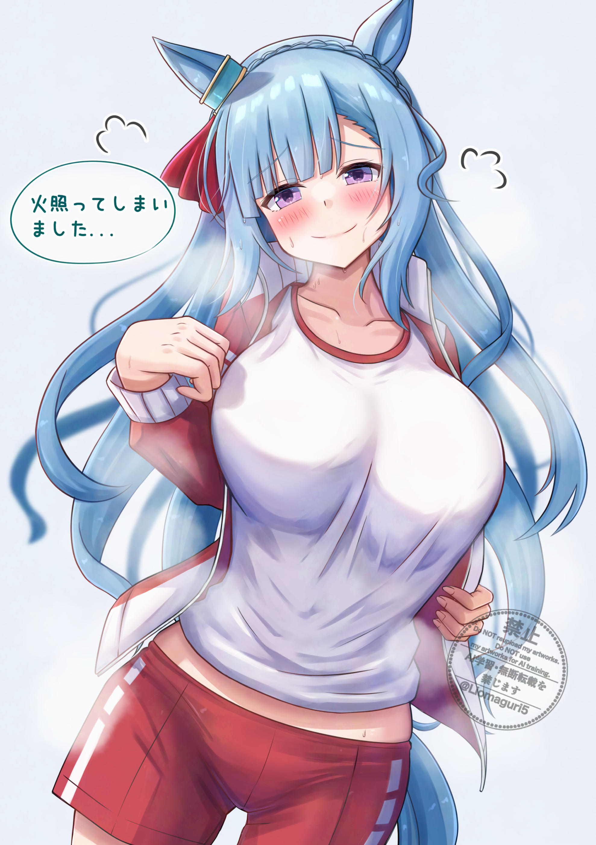 lio (maguri), mejiro ardan (umamusume), umamusume, absurdres, highres, 1girl, animal ears, blue hair, blush, braid, breasts, closed mouth, crown braid, horse ears, horse girl, horse tail, jacket, large breasts, long hair, looking at viewer, purple eyes, red jacket, red shorts, shirt, shorts, sidelocks, smile, solo, steaming body, sweat, tail, white shirt