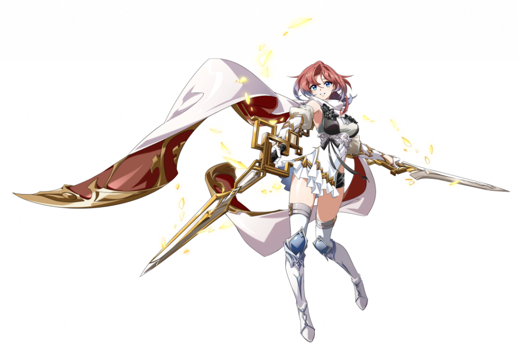 langrisser, langrisser mobile, game cg, official art, third-party source, 1girl, armpits, aura, belt, black ribbon, black shorts, blue eyes, boots, breasts, cape, curtained hair, detached sleeves, dress, dual wielding, elbow gloves, floating cape, frilled dress, frills, full body, gloves, gold aura, gold belt, gold trim, grin, hair between eyes, holding, holding sword, holding weapon, knee boots, knee guards, leg up, long sidelocks, looking at viewer, medium breasts, medium hair, multicolored cape, multicolored dress, multiple swords, multiple weapons, precia (langrisser), puffy sleeves, red cape, red hair, ribbon, short dress, short shorts, shorts, side slit, sidelocks, simple background, sleeveless, sleeveless dress, smile, solo, standing, standing on one leg, sword, tachi-e, thighhighs, transparent background, two-tone cape, weapon, white boots, white cape, white dress, white gloves, white thighhighs, zettai ryouiki