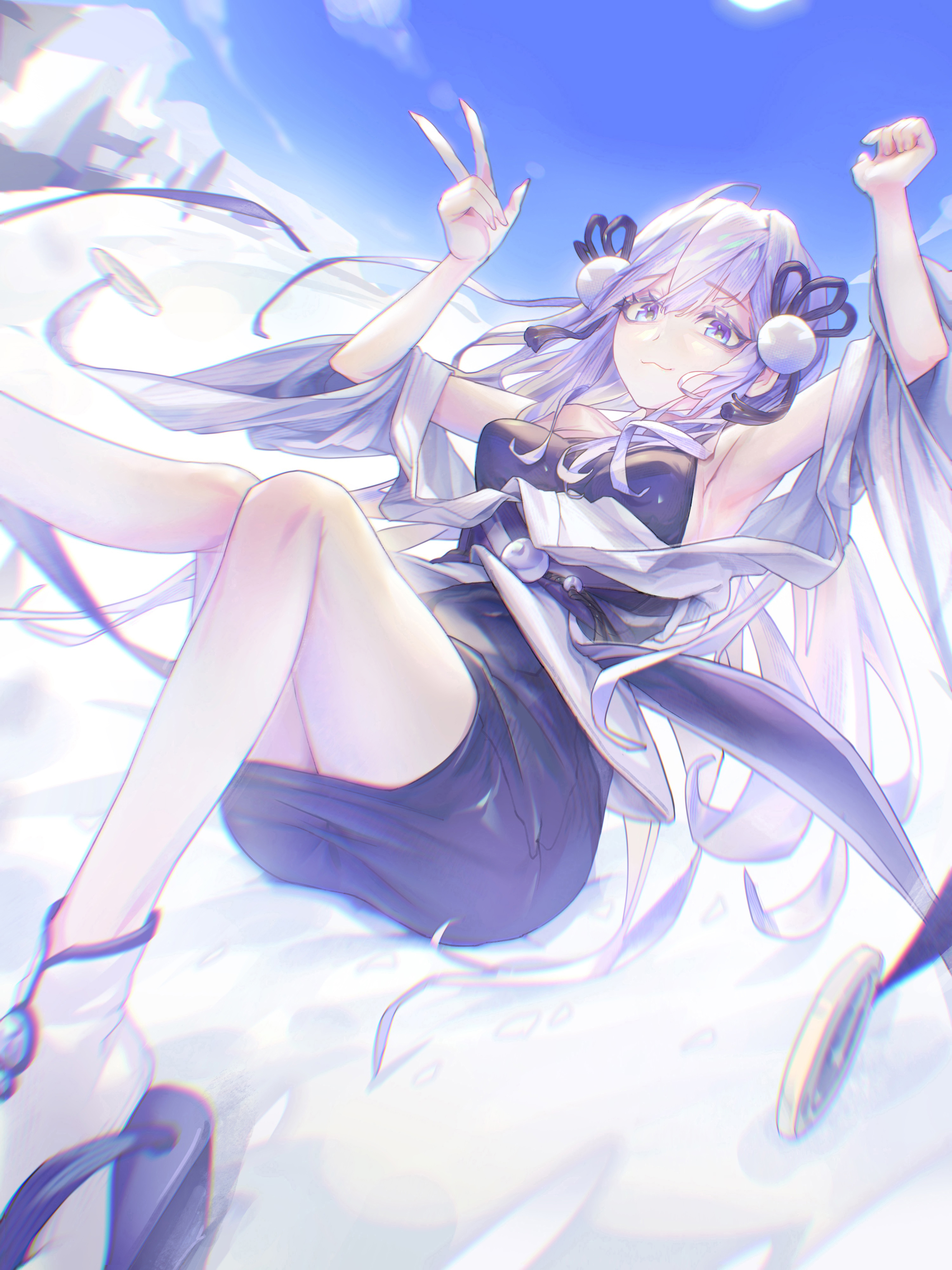 colossuss777, yuki-onna the ice mayakashi, yu-gi-oh!, absurdres, highres, 1girl, armpits, arms up, blue eyes, breasts, closed mouth, detached sleeves, duel monster, hair between eyes, japanese clothes, kimono, long hair, long sleeves, looking at viewer, medium breasts, sandals, sleeveless, sleeveless kimono, smile, socks, very long hair, white hair, white socks