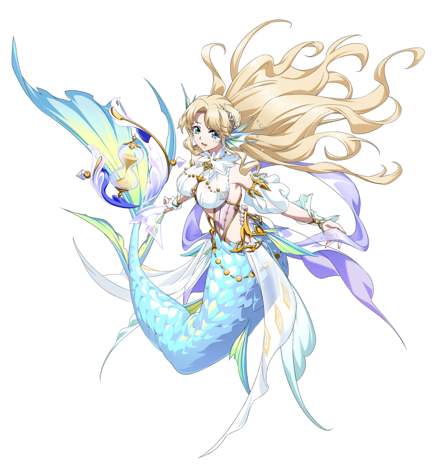langrisser, langrisser mobile, game cg, official art, third-party source, 1girl, air bubble, aqua eyes, bare shoulders, beads, blonde hair, breasts, bubble, center opening, clothing cutout, covered navel, curtained hair, detached sleeves, fins, fish tail, floating, floating hair, floating object, full body, gem, gold beads, hair ornament, head fins, hourglass, jewelry, large breasts, long hair, long sidelocks, looking at viewer, mermaid, monster girl, navel, necklace, nymph (langrisser), open mouth, pearl (gemstone), puffy sleeves, sash, see-through clothes, see-through shawl, shawl, shirt, sidelocks, simple background, sleeveless, sleeveless shirt, smile, solo, standing, tachi-e, tail, transparent background, very long hair, waist sash, white shirt, white sleeves, wrist wrap