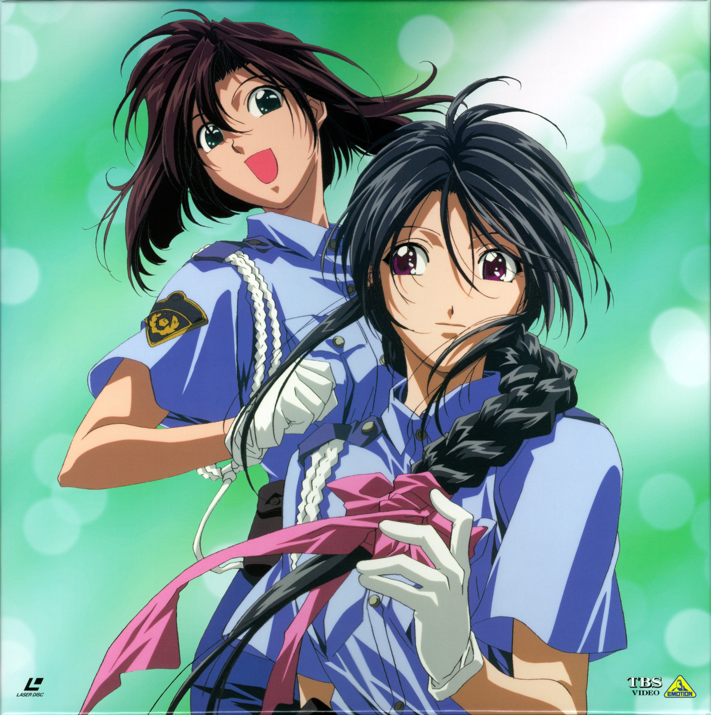 nakajima atsuko, kobayakawa miyuki, tsujimoto natsumi, taiho shichauzo, absurdres, highres, 1990s (style), 2girls, black hair, braid, brown hair, gloves, green eyes, japan national police, long hair, multiple girls, open mouth, police, police uniform, purple eyes, retro artstyle, short hair, white gloves