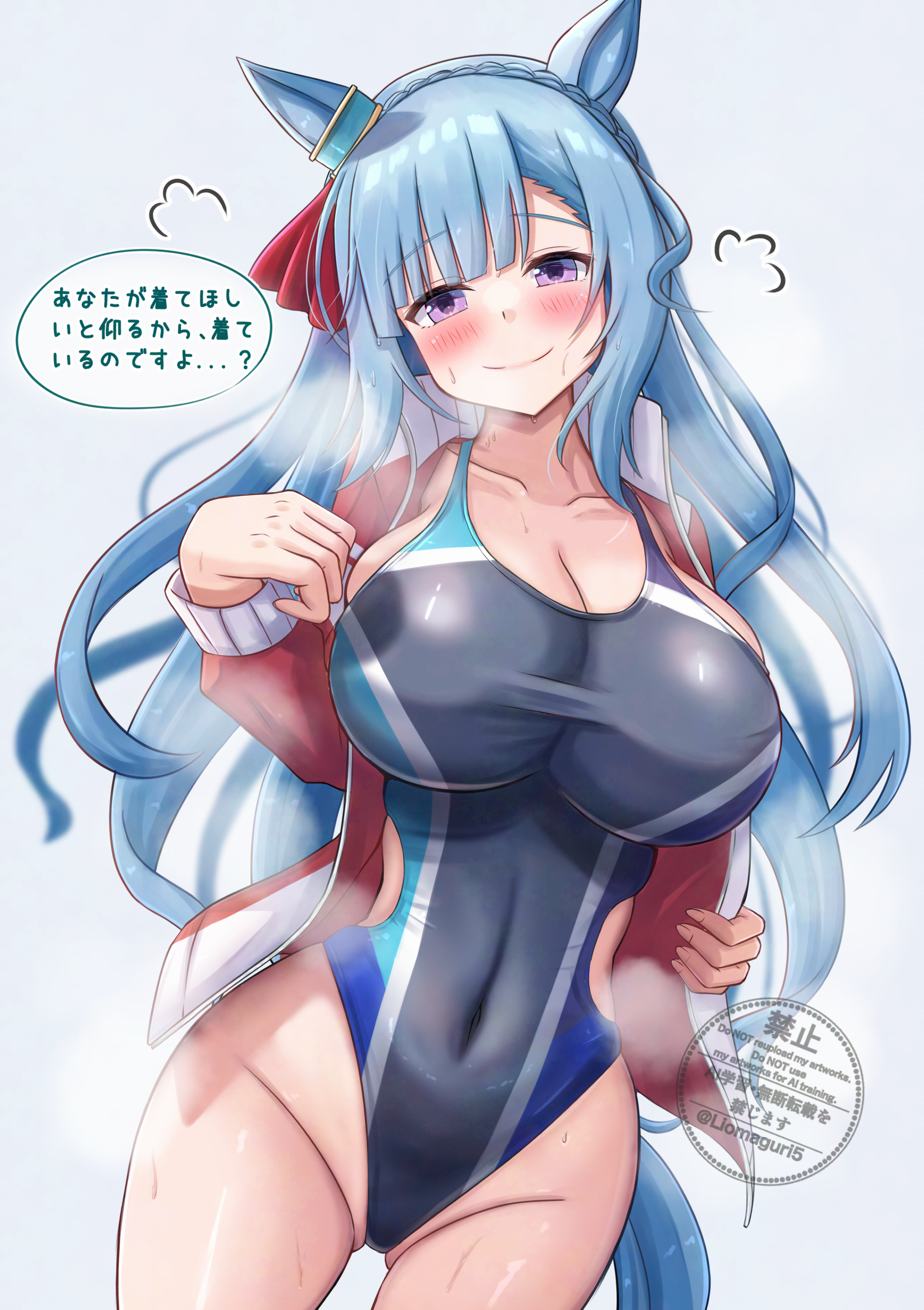 lio (maguri), mejiro ardan (umamusume), umamusume, absurdres, highres, 1girl, animal ears, black one-piece swimsuit, blue hair, blush, braid, breasts, cleavage, closed mouth, crown braid, highleg, highleg one-piece swimsuit, horse ears, horse girl, horse tail, jacket, large breasts, long hair, looking at viewer, one-piece swimsuit, purple eyes, red jacket, sidelocks, smile, solo, steaming body, sweat, swimsuit, tail