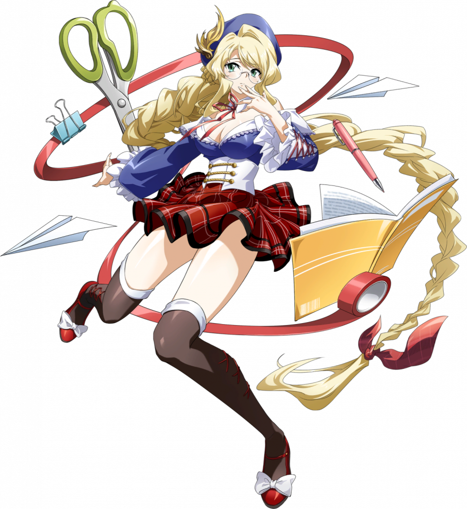 langrisser, langrisser millenium ws, langrisser mobile, game cg, official art, third-party source, 1girl, bare shoulders, beret, binder clip, black thighhighs, black trim, blonde hair, blouse, blue hat, blue shirt, book, braid, braided ponytail, breasts, buttons, cleavage, closed mouth, corset, detached collar, floating, floating clothes, floating object, frilled shirt, frilled sleeves, frills, full body, glass, gold buttons, green eyes, hand to own mouth, hat, hat ornament, high heels, ilia (langrisser), lace trim, large breasts, leg up, long hair, looking at viewer, low-tied long hair, miniskirt, neck ribbon, official alternate costume, open book, outstretched arm, oversized object, paper airplane, pen, plaid clothes, plaid skirt, ponytail, pumps, red ribbon, red shoes, red skirt, ribbon, rimless eyewear, scissors, shirt, shoes, simple background, skirt, solo, standing, standing on one leg, tachi-e, thighhighs, transparent background, white corset, white ribbon, wide sleeves, zettai ryouiki