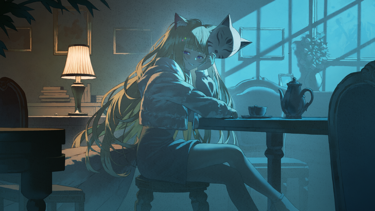fagi (kakikaki), aki rosenthal, hololive, 1girl, animal ears, black skirt, blonde hair, blue eyes, blunt bangs, blush, fox ears, fox girl, fox mask, fox tail, from side, grin, holding, holding mask, hood, hoodie, long hair, looking at viewer, mask, multiple tails, sitting, skirt, smile, solo, tail, virtual youtuber, white hoodie