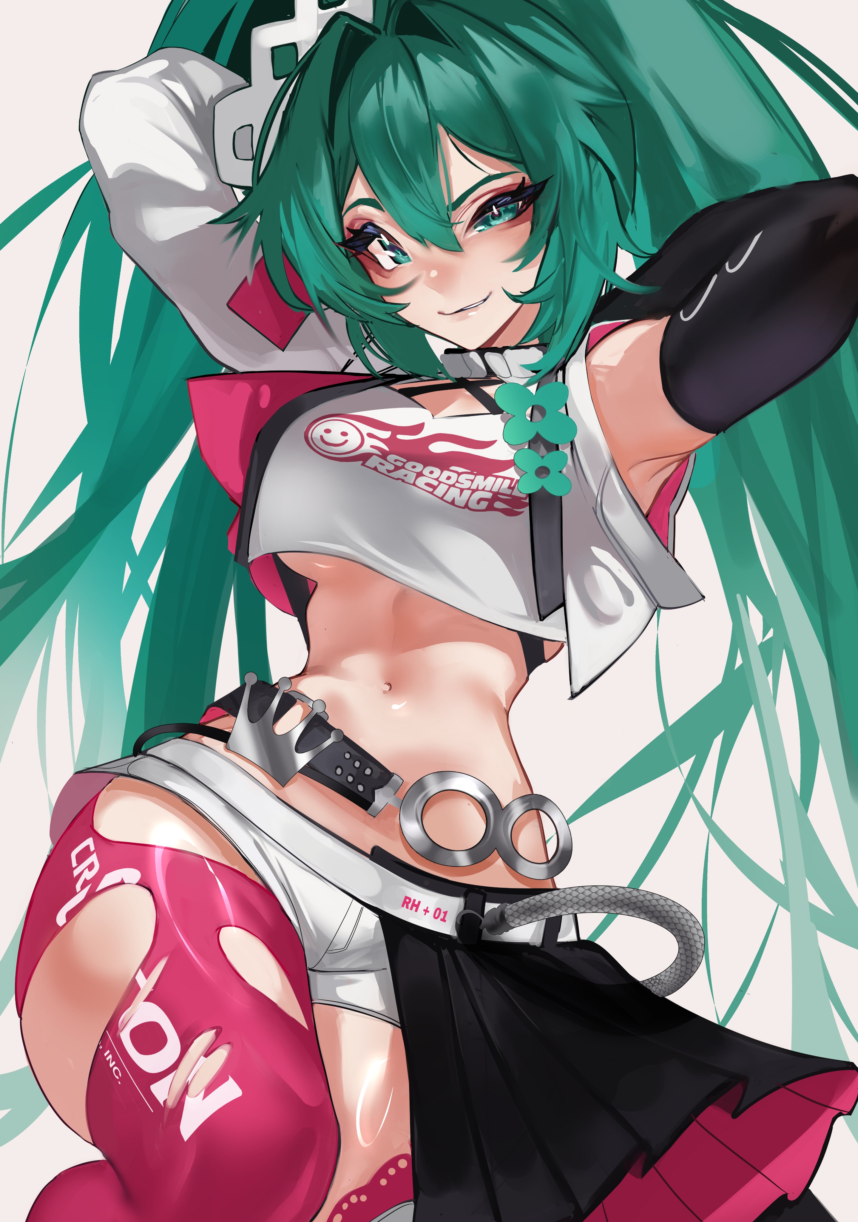suliavtuber, hatsune miku, racing miku, racing miku (2025), goodsmile company, goodsmile racing, absurdres, highres, 1girl, aqua eyes, aqua hair, arms up, asymmetrical clothes, belt, breasts, closed mouth, cowboy shot, elbow gloves, from below, gloves, hair between eyes, long hair, looking at viewer, medium breasts, midriff, navel, race queen, short shorts, shorts, simple background, single elbow glove, smile, solo, thighhighs, torn clothes, torn thighhighs, twintails, underboob, very long hair, white background, wide hips