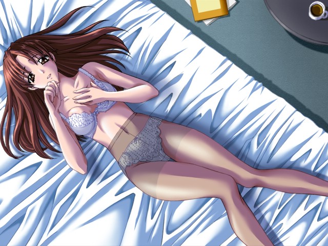 kashino shouta, tomita yuuko, sweet happiness, game cg, 1girl, bed, bed sheet, bra, brown eyes, brown hair, coffee, crotch seam, cup, female focus, lingerie, long hair, lying, mug, navel, panties, panties under pantyhose, pantyhose, solo, table, underwear, underwear only