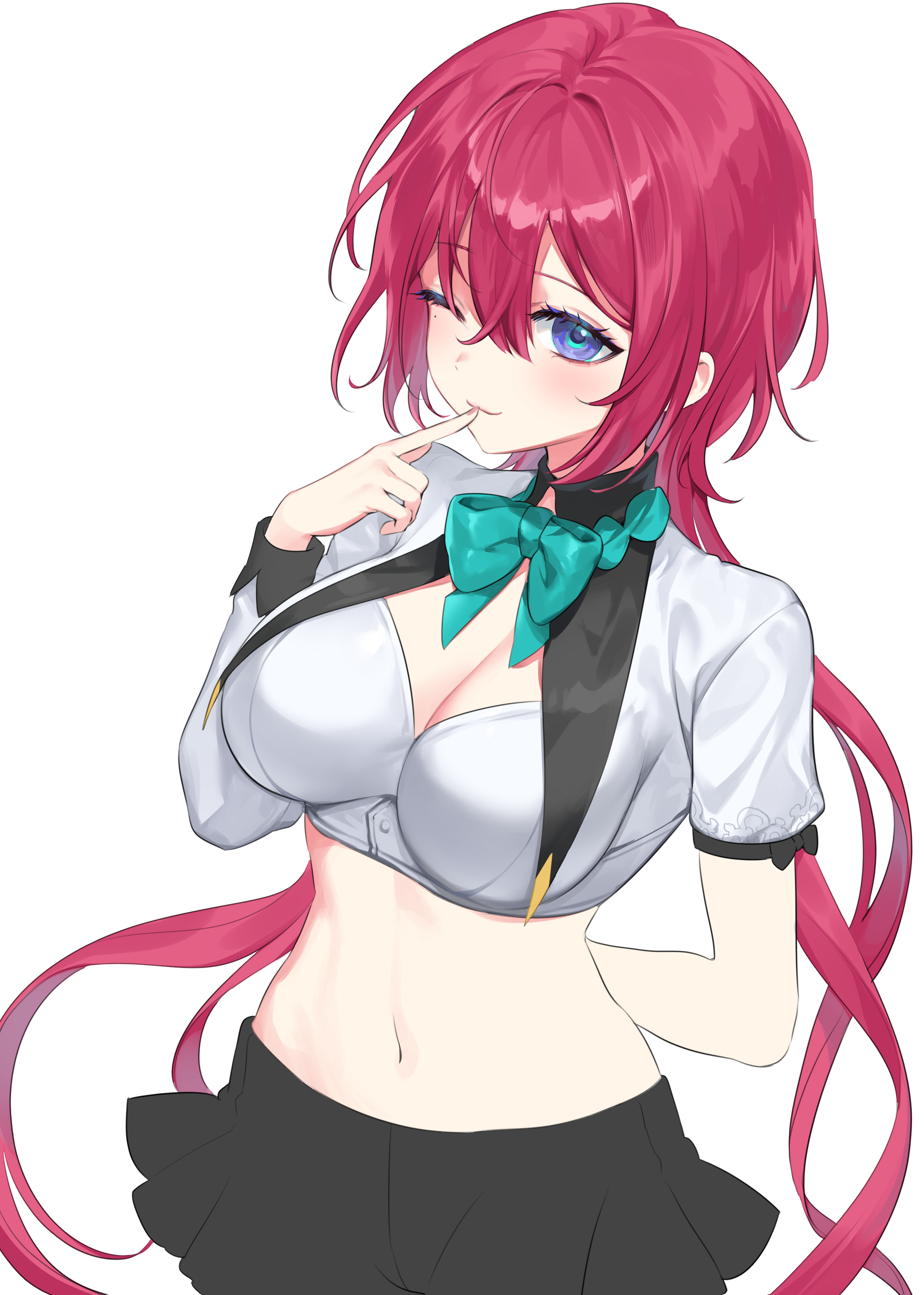 hibiwa, original, absurdres, highres, 1girl, asymmetrical sleeves, black skirt, blue eyes, bow, bowtie, breasts, cleavage, closed mouth, cowboy shot, crop top, finger to mouth, hair between eyes, hand up, large breasts, long hair, looking at viewer, midriff, miniskirt, mole, mole under eye, navel, one eye closed, red hair, shirt, skirt, smile, solo, stomach, very long hair, white shirt
