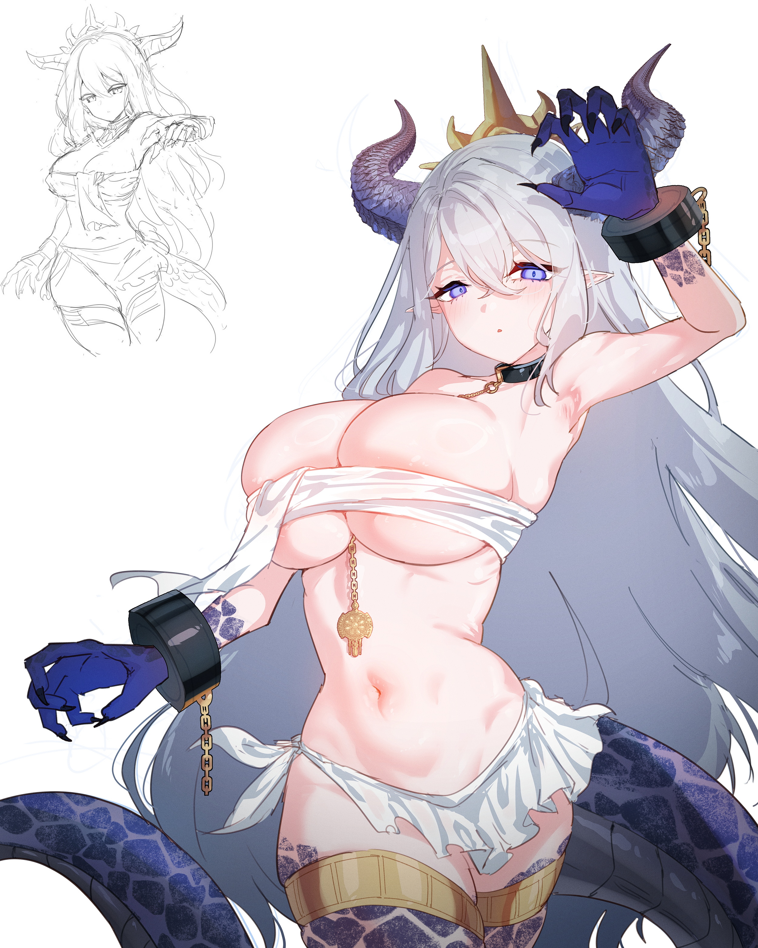 rayno, original, absurdres, commentary, english commentary, highres, 1girl, arm up, armpits, bandeau, black collar, black nails, blue eyes, blue hands, breasts, collar, colored extremities, cowboy shot, crossed bangs, cuffs, double-parted bangs, dragon girl, dragon horns, dragon tail, fingernails, gold thighlet, grey hair, hair between eyes, horns, jewelry, large breasts, long fingernails, long hair, looking at viewer, miniskirt, multiple views, navel, parted lips, pointy ears, scales, shackles, simple background, skirt, solo focus, stomach, tail, thighlet, white background, white bandeau, white skirt