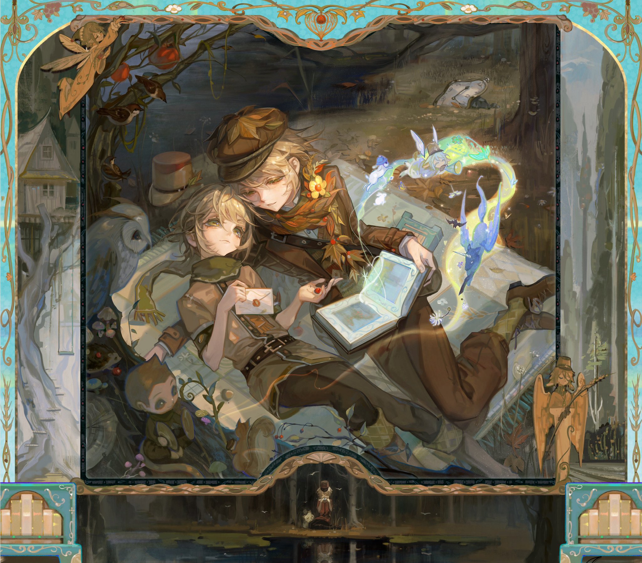 victor grantz, victor grantz (autumn reverie), identity v, highres, 0212tu, 2boys, angel, angel wings, barn owl, bird, blonde hair, book, brown jacket, brown pants, brown scarf, brown shoes, cherry, clock, colored eyelashes, envelope, eye contact, food, forest, fruit, green scarf, hair between eyes, hat, holding, holding book, holding envelope, jacket, lake, looking at another, lying, male focus, multiple boys, mushroom, nature, newsboy cap, open book, owl, pants, picnic blanket, reflection, reflective water, rock, scarf, scenery, shirt, shoes, sweater, treehouse, unicorn, victor grantz (autumn uniform), white shirt, wings, yellow eyes