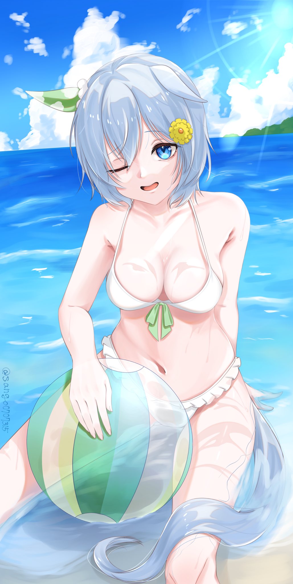 sango0707315, seiun sky (umamusume), umamusume, highres, 1girl, animal ears, ball, beachball, bikini, blue eyes, blue sky, cloud, ear covers, ears down, flower, grey hair, hair flower, hair ornament, horse ears, horse girl, horse tail, light rays, ocean, short hair, single ear cover, sitting, sky, solo, swimsuit, tail, wading, white bikini, yellow flower
