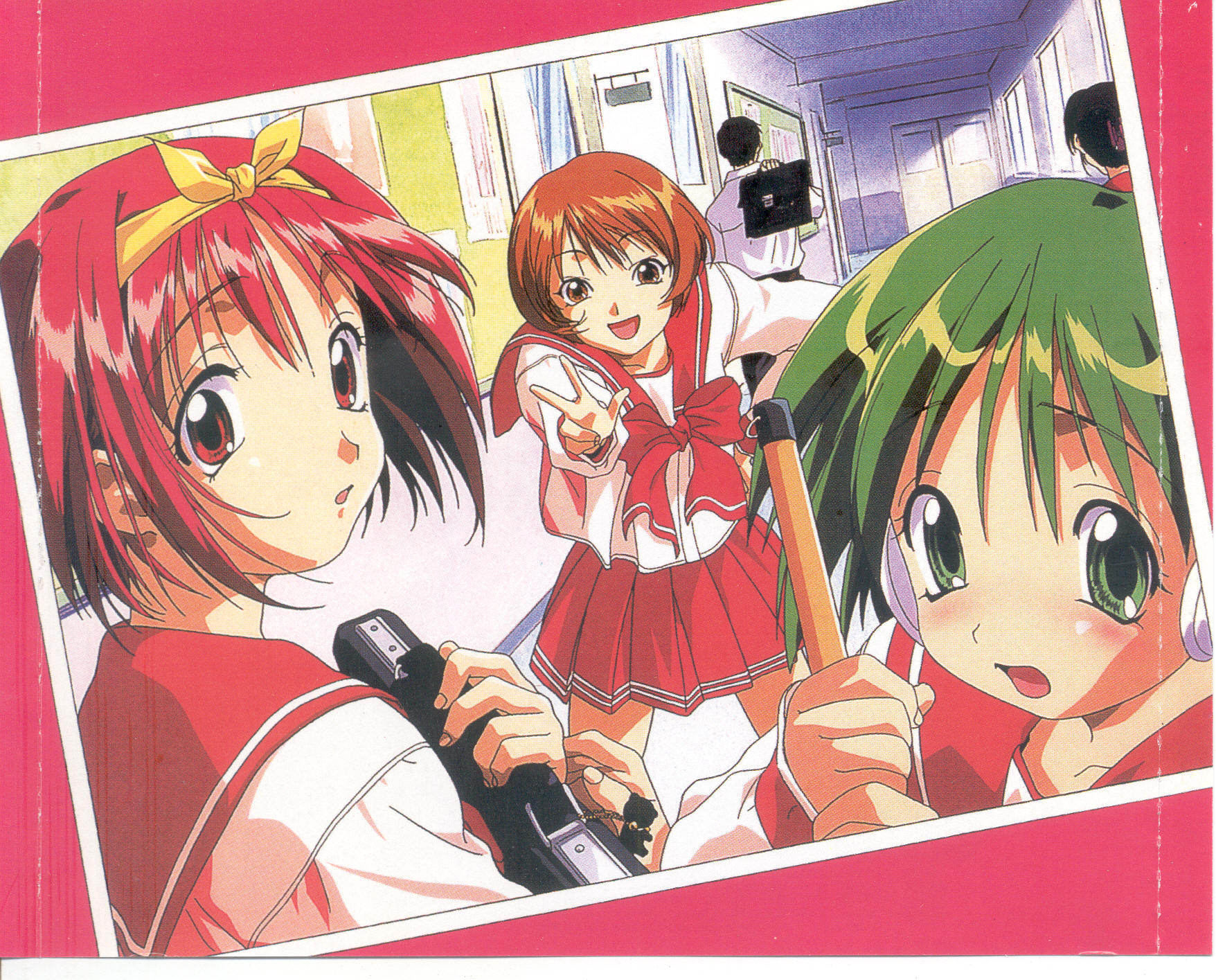 kamigishi akari, multi (to heart), nagaoka shiho, to heart, to heart (series), highres, official art, scan, 1girl, 3girls, bow, brown hair, day, feet out of frame, green hair, indoors, looking at viewer, multiple girls, pink hair, red hair, ribbon, robot ears, school, school uniform, standing, v, yellow bow