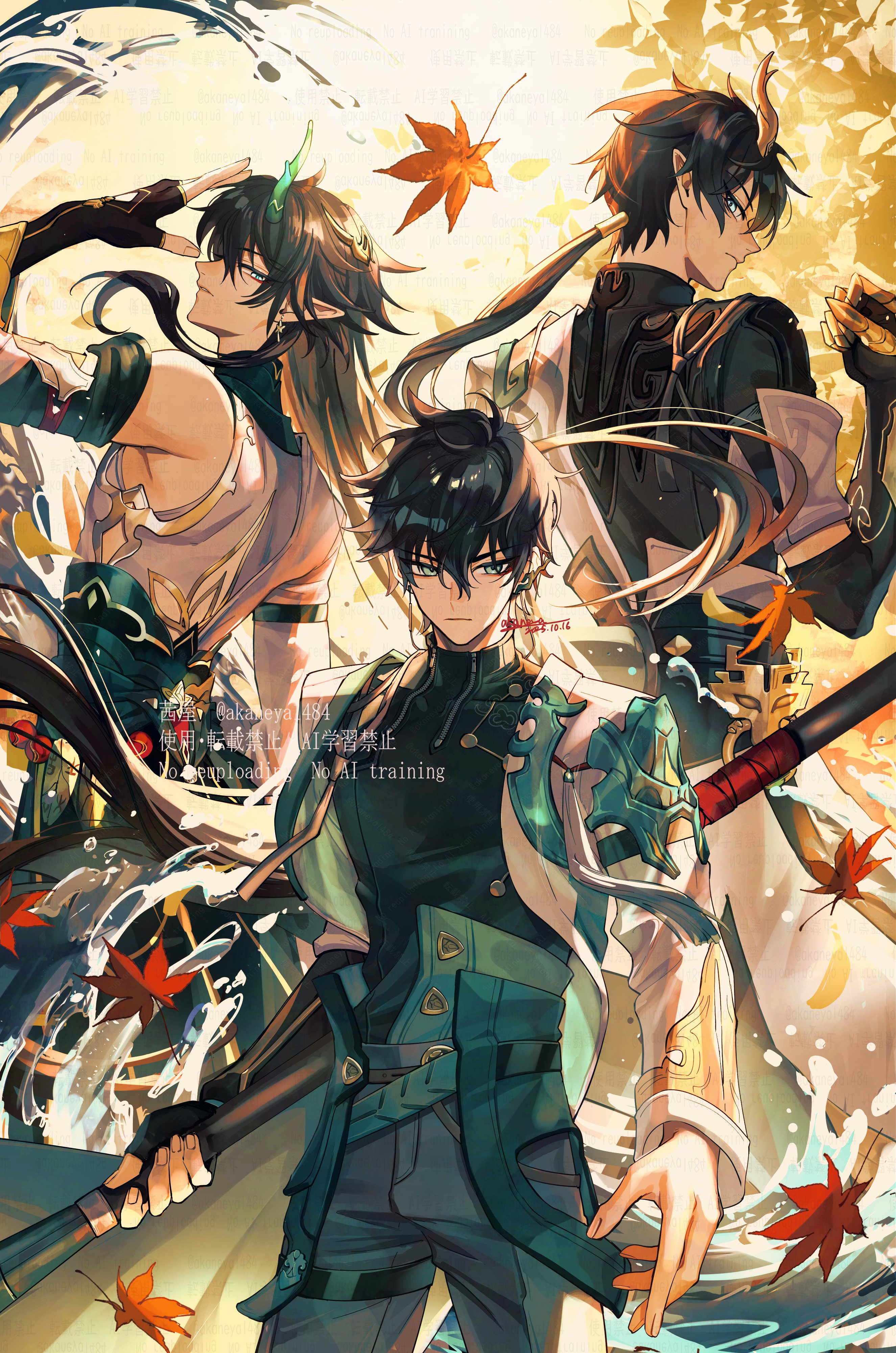 ojo aa, dan heng (honkai: star rail), dan heng (hunt) (honkai: star rail), dan heng (imbibitor lunae) (honkai: star rail), dan heng (permansor terrae) (honkai: star rail), honkai: star rail, honkai (series), absurdres, commentary request, highres, 3boys, alternate form, armor, beads, black gloves, black hair, black shirt, blue eyes, chinese clothes, clenched hand, closed mouth, cloud print, coat, constellation print, covered collarbone, cowboy shot, dated, detached sleeves, dragon boy, dragon horns, dragon tail, earclip, earrings, eyeliner, fingerless gloves, fingernails, floating clothes, floating hair, from behind, gauntlets, gloves, gold earrings, gold trim, green eyes, grey pants, hair between eyes, hair ornament, hand up, holding, holding polearm, holding weapon, horns, jewelry, leaf, long hair, long sleeves, looking afar, low ponytail, makeup, male focus, maple leaf, multiple boys, multiple persona, official alternate costume, official alternate hairstyle, open clothes, open coat, pants, pointy ears, polearm, ponytail, red eyeliner, shirt, short hair, shoulder armor, single bare shoulder, single detached sleeve, single earring, single glove, spear, standing, tail, tassel, teeth, thigh strap, v-shaped eyebrows, water, watermark, waving, weapon, white coat, white sleeves, wide sleeves, zipper