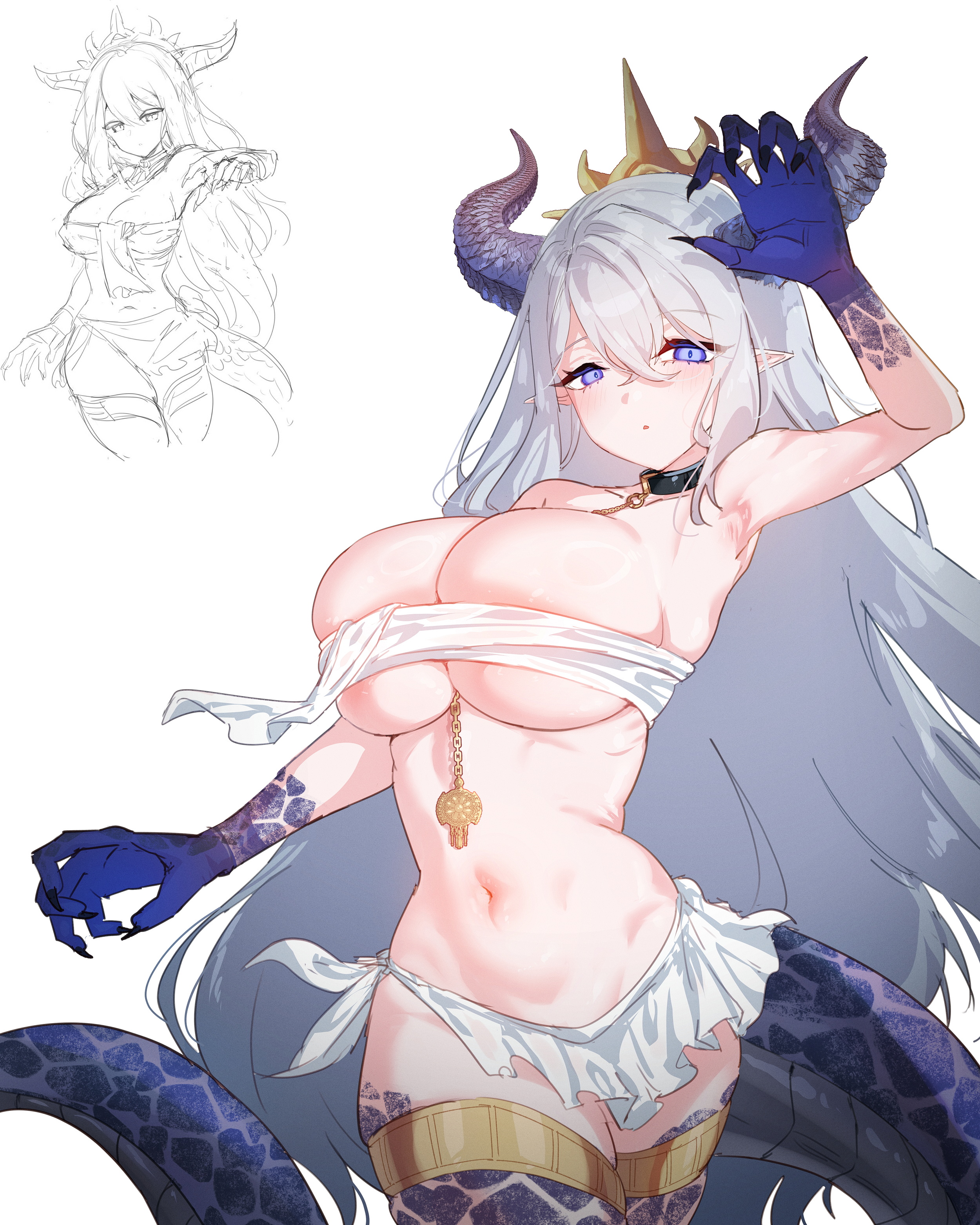 rayno, original, absurdres, commentary, english commentary, highres, revision, 1girl, arm up, armpits, bandeau, black collar, black nails, blue eyes, blue hands, breasts, collar, colored extremities, cowboy shot, crossed bangs, double-parted bangs, dragon girl, dragon horns, dragon tail, fingernails, gold thighlet, grey hair, hair between eyes, horns, jewelry, large breasts, long fingernails, long hair, looking at viewer, miniskirt, multiple views, navel, parted lips, pointy ears, scales, simple background, skirt, solo focus, stomach, tail, thighlet, white background, white bandeau, white skirt