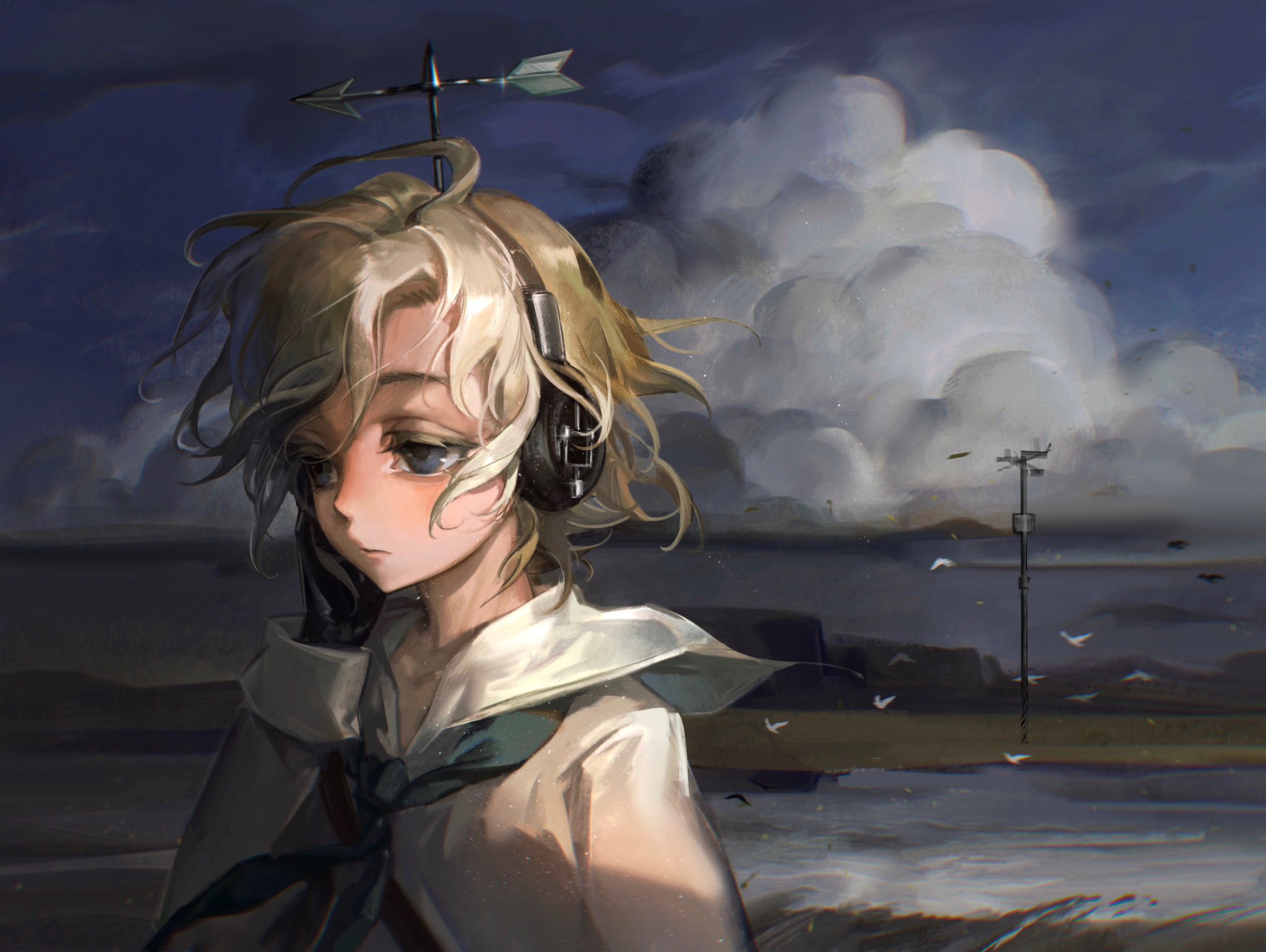 identity v, highres, 0212tu, 1girl, bird, blonde hair, blue eyes, blue neckerchief, cloud, colored eyelashes, expressionless, floating clothes, floating hair, frown, half-closed eyes, hand on own face, headphones, neckerchief, raised eyebrows, sailor collar, scenery, shirt, short hair, single hair intake, wavy hair, wendy foote, white sailor collar, white shirt