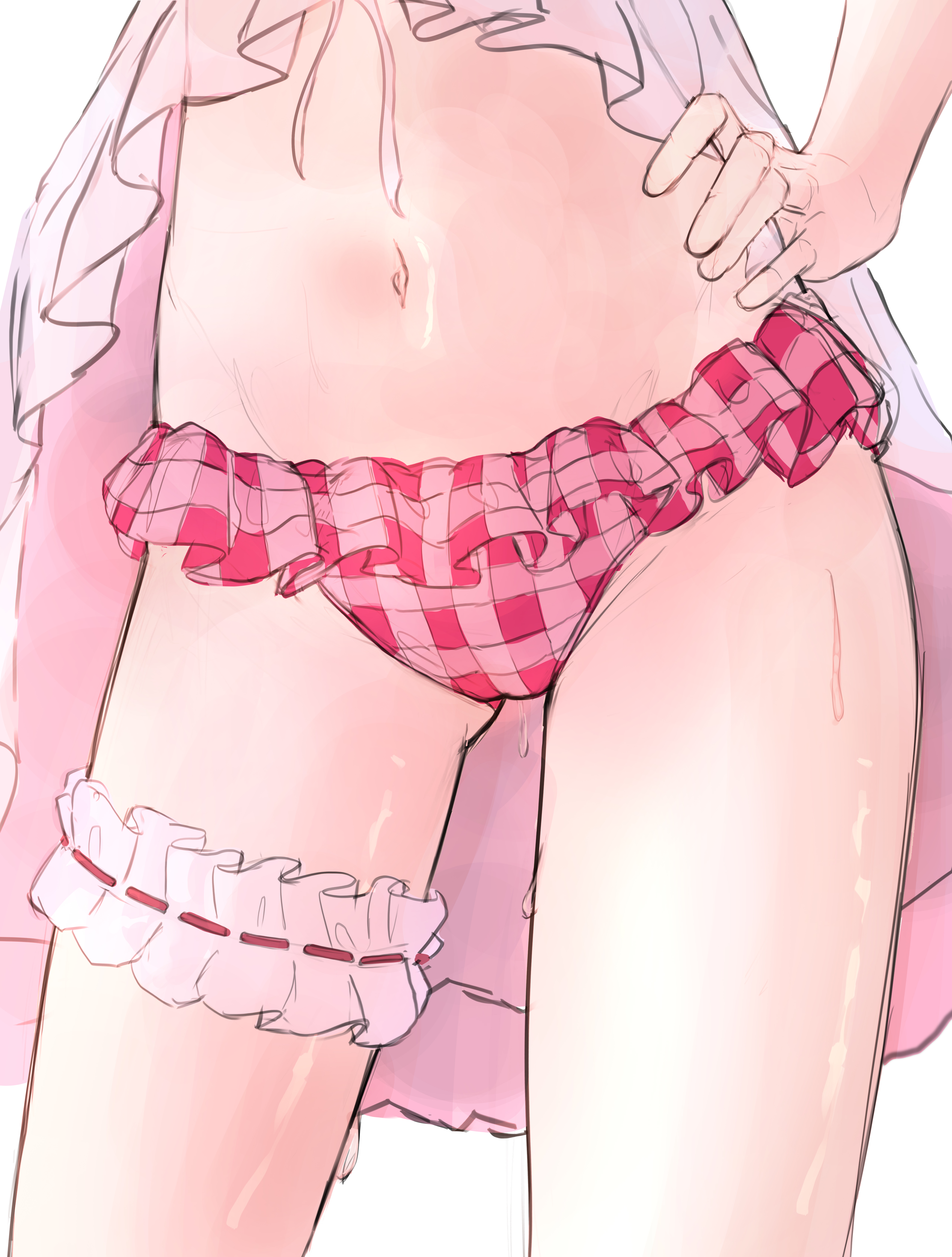 minseong jo, eyjafjalla (arknights), arknights, absurdres, commentary request, highres, variant set, 1girl, crotch focus, frilled panties, frilled thigh strap, frills, hand on own hip, navel, panties, pink panties, plaid clothes, plaid panties, sketch, solo, standing, stomach, sweat, thigh strap, underwear