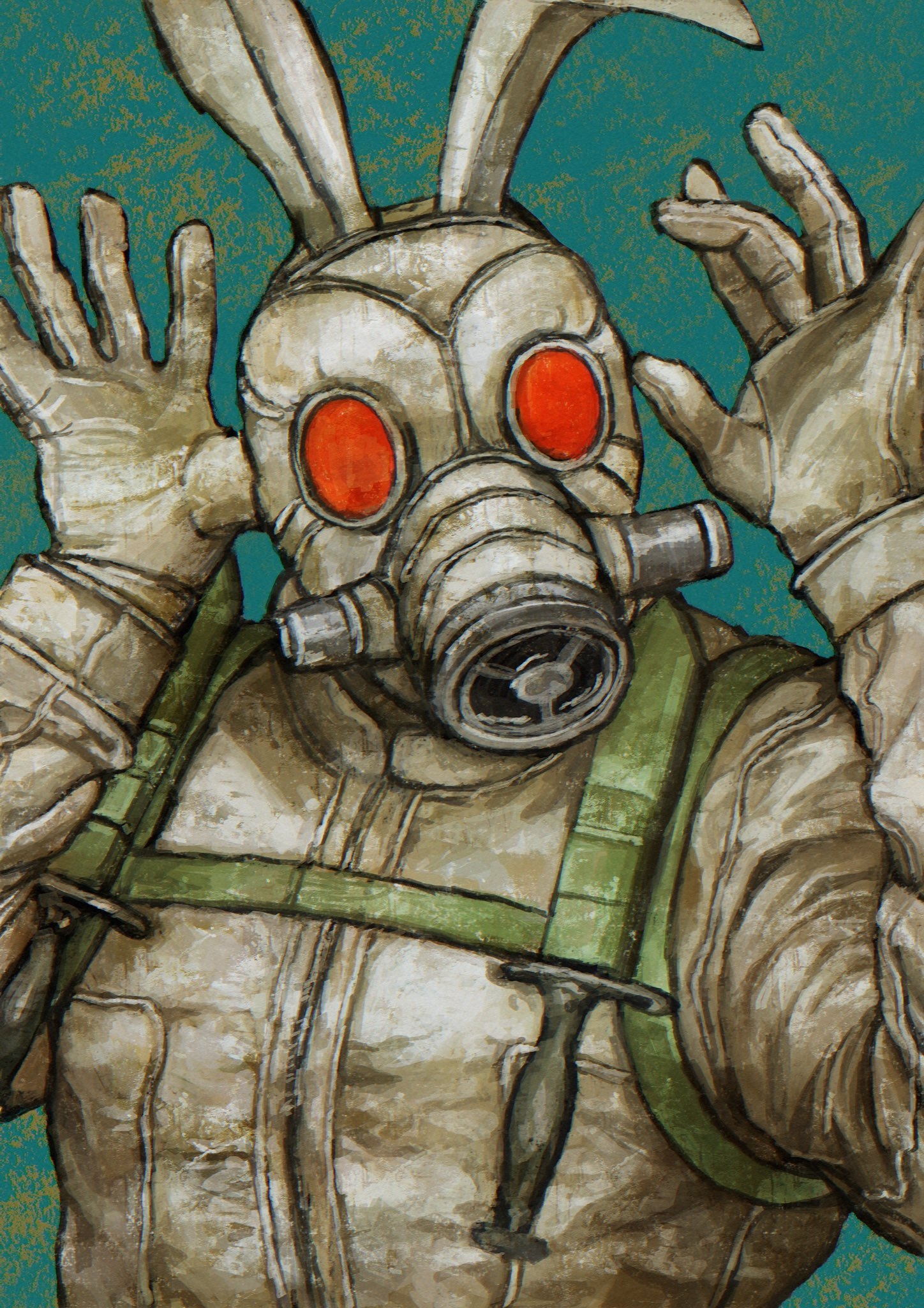unc, caiman (dorohedoro), dorohedoro, commentary, english commentary, highres, mixed-language commentary, 1boy, animal ears, combat knife, fake animal ears, gas mask, gloves, knife, knife sheath, mask, rabbit ears, sheath, solo, weapon