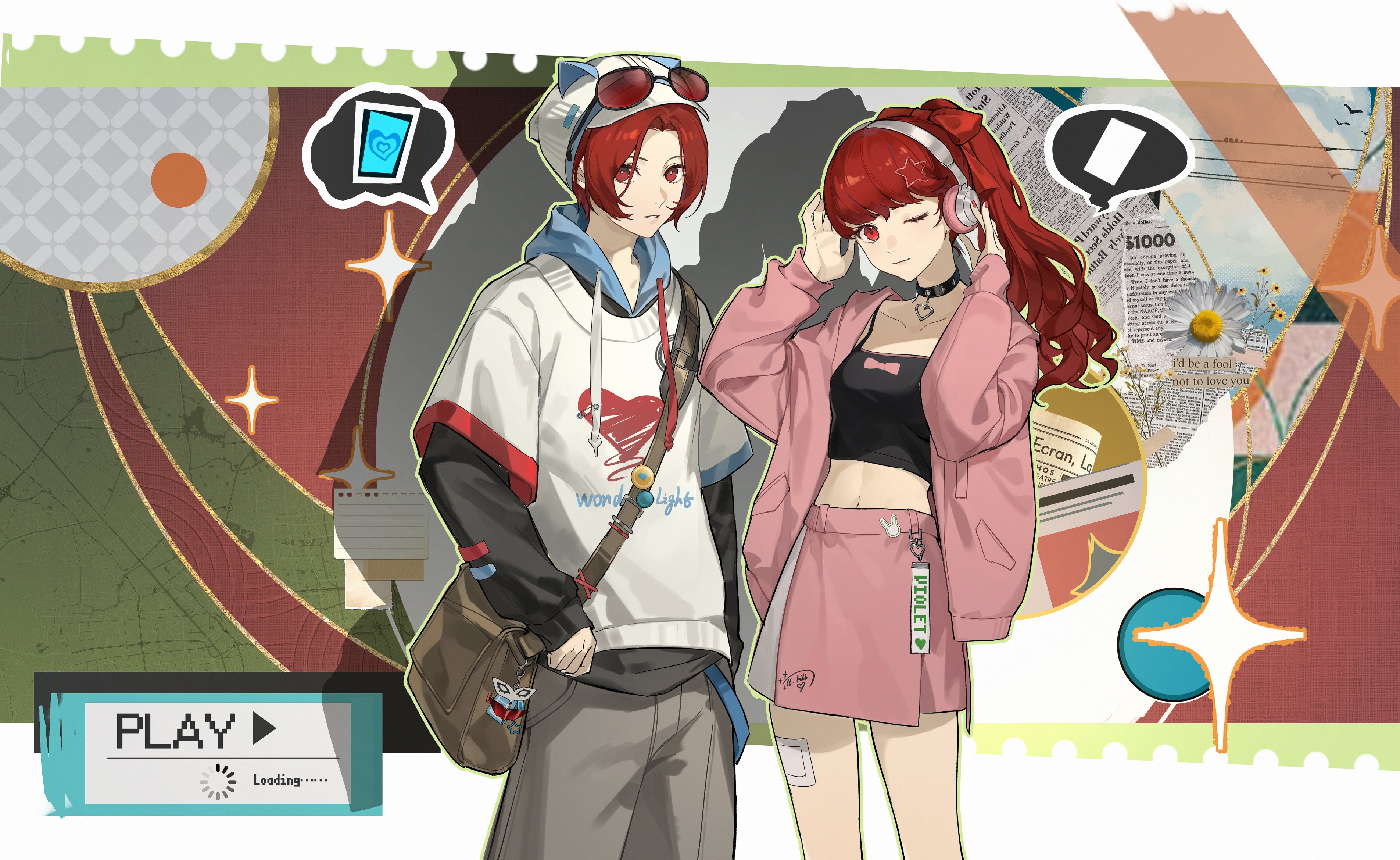 yoshizawa kasumi, persona, persona 5, persona 5: the phantom x, absurdres, commentary, english commentary, highres, 1boy, 1girl, bag, bandaid on thigh, black-framed eyewear, black choker, black shirt, border, bow, brown pants, card, character name, choker, cowboy shot, crop top, curtained hair, english text, eyewear on head, hair bow, hair ornament, hands on headphones, hat, headphones, heart, heart choker, hood, hoodie, iroin11, jacket, kamishiro nagisa, loading icon, long sleeves, looking at viewer, midriff, navel, one eye closed, open clothes, open jacket, outside border, pants, parted lips, pink jacket, pink skirt, ponytail, red-tinted eyewear, red bow, red eyes, red hair, shirt, short hair, shoulder bag, skirt, speech bubble, star (symbol), star hair ornament, sunglasses, tinted eyewear, white border, white hat, white hoodie