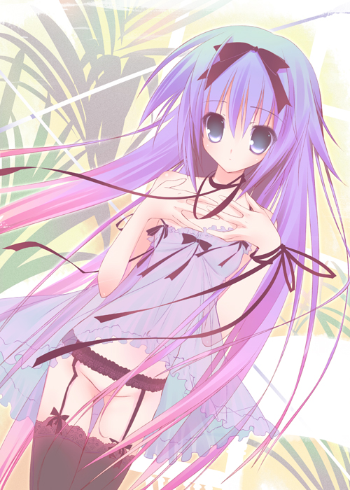 adding (pixiv58342), karory, original, bad id, bad pixiv id, 1girl, babydoll, bare shoulders, black thighhighs, blue eyes, blue hair, bottomless, female focus, garter belt, gradient hair, hair ribbon, long hair, matching hair/eyes, multicolored hair, ribbon, see-through clothes, solo, thighhighs, very long hair