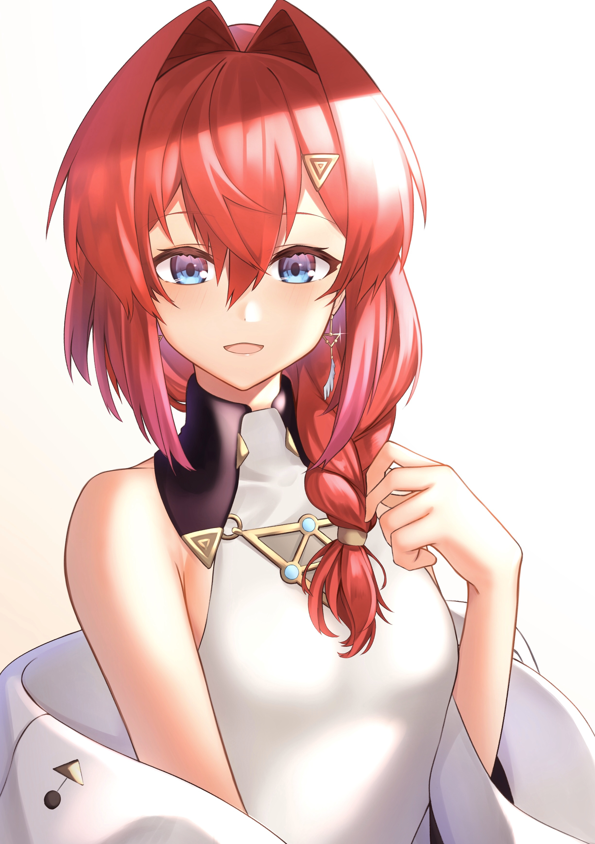 viet (yomi0556), ange katrina, ange katrina (1st costume), nijisanji, absurdres, commentary request, highres, 1girl, alternate hairstyle, armpit crease, blue eyes, blush, braid, breasts, coat partially removed, collared dress, double-parted bangs, dress, earrings, feather earrings, feathers, glint, gold earrings, gradient background, gradient eyes, hair between eyes, hair intakes, hair ornament, hair over shoulder, hand up, jewelry, lips, long bangs, long hair, looking at viewer, multicolored eyes, open mouth, orange background, purple eyes, red hair, simple background, single bare shoulder, single braid, sleeveless, sleeveless dress, small breasts, smile, solo, triangle earrings, triangle hair ornament, upper body, virtual youtuber, white background, white dress