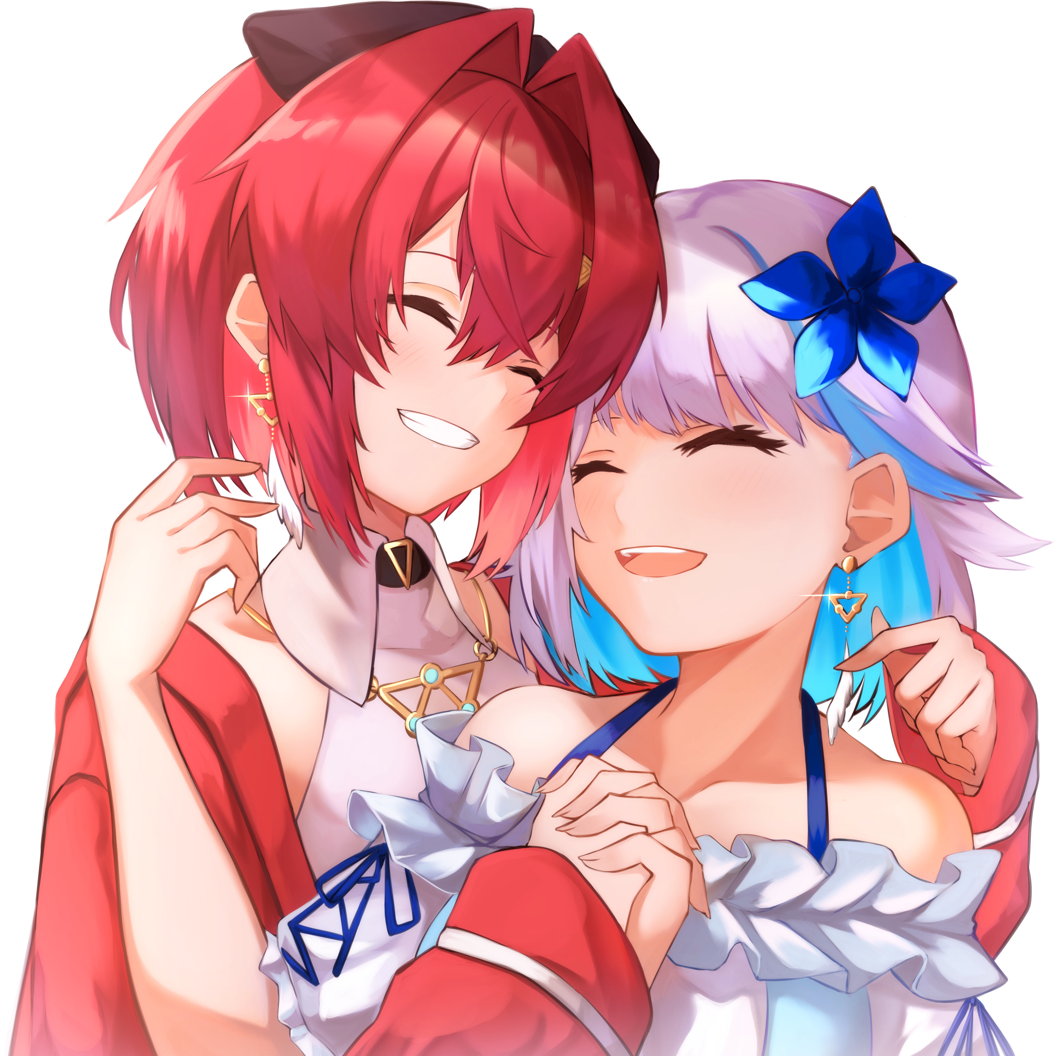 viet (yomi0556), ange katrina, ange katrina (2nd costume), lize helesta, lize helesta (2nd costume), nijisanji, absurdres, commentary request, highres, 2girls, ^ ^, bare shoulders, black bow, blue flower, blue hair, blush, bow, closed eyes, collarbone, collared halterneck, collared shirt, colored inner hair, dress, earrings, feather earrings, feathers, flower, frilled dress, frills, glint, gold earrings, gold necklace, grin, hair behind ear, hair between eyes, hair bow, hair flower, hair intakes, hair ornament, halter shirt, halterneck, hands up, heads together, holding hands, interlocked fingers, jacket, jewelry, matching earrings, medium hair, multicolored hair, multiple girls, necklace, off-shoulder dress, off shoulder, open mouth, red hair, red jacket, shirt, short sleeves, sidelocks, simple background, sleeves past wrists, smile, streaked hair, teeth, triangle earrings, two-tone hair, upper teeth only, virtual youtuber, white background, white dress, white hair, white shirt