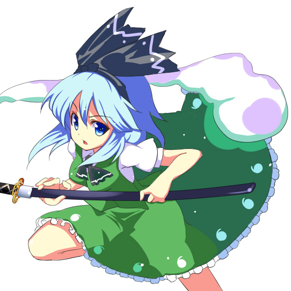 nickq, konpaku youmu, konpaku youmu (ghost), touhou, silver hair, 1girl, blue eyes, female focus, hairband, hitodama, katana, ribbon, sheath, sheathed, short hair, solo, sword, weapon