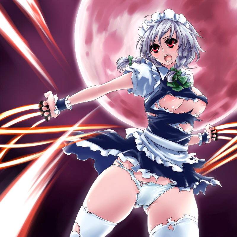 kuroino (kuroyashiro), izayoi sakuya, embodiment of scarlet devil, touhou, silver hair, bad id, bad pixiv id, 1girl, braid, breasts, danmaku, female focus, nipples, panties, red eyes, short hair, solo, thighhighs, torn clothes, torn panties, torn thighhighs, twin braids, underboob, underwear, white thighhighs