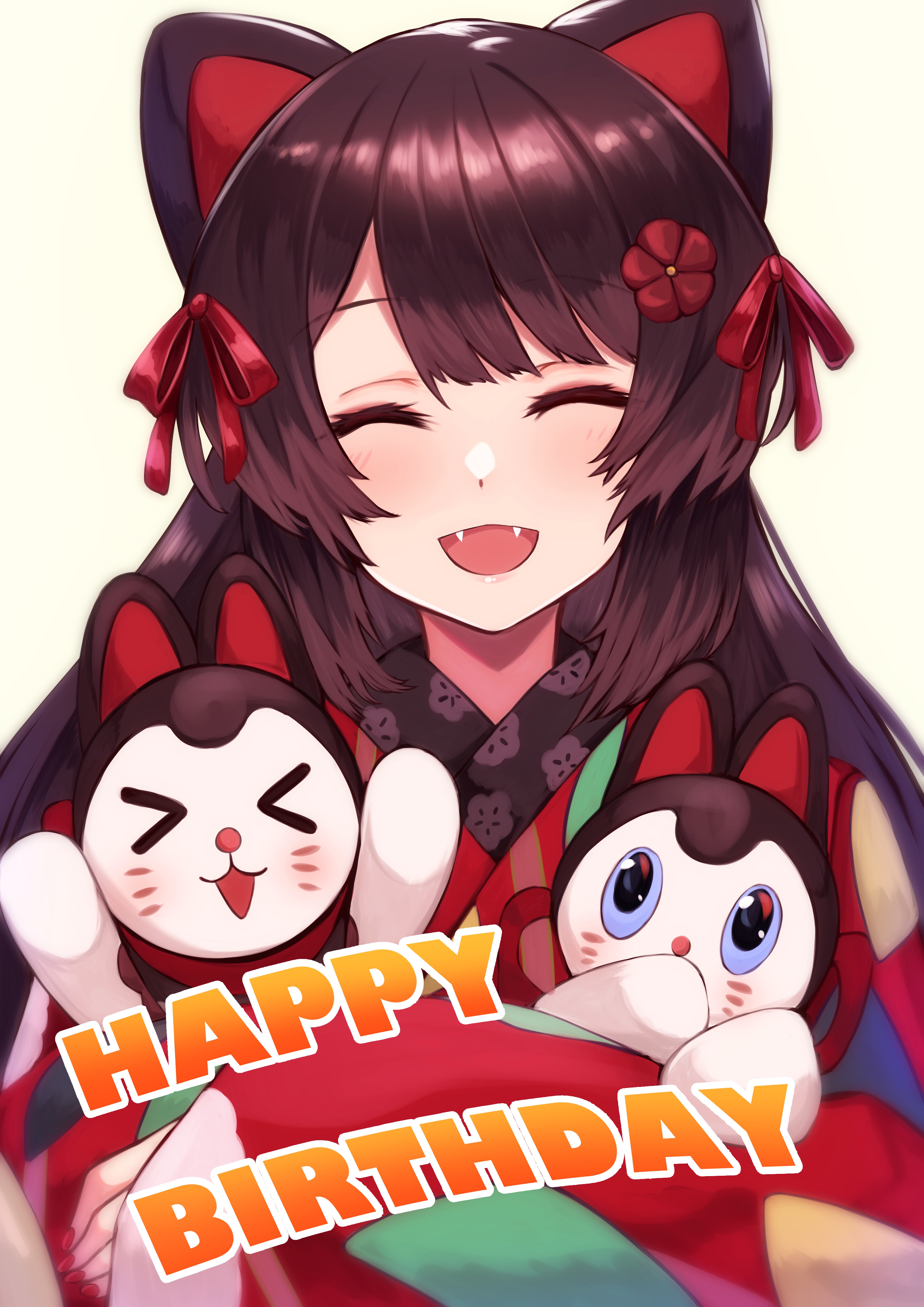 viet (yomi0556), banken (inui toko), inui toko, inui toko (kimono), nijisanji, absurdres, commentary request, highres, 1girl, :d, ^ ^, animal, animal ears, blush, brown hair, closed eyes, dog ears, dog girl, english text, fangs, flower, hair flower, hair ornament, hair ribbon, happy birthday, holding, holding animal, japanese clothes, kimono, long hair, long sleeves, nail polish, open mouth, red flower, red kimono, red nails, red ribbon, ribbon, simple background, smile, straight-on, swept bangs, upper body, virtual youtuber, yellow background