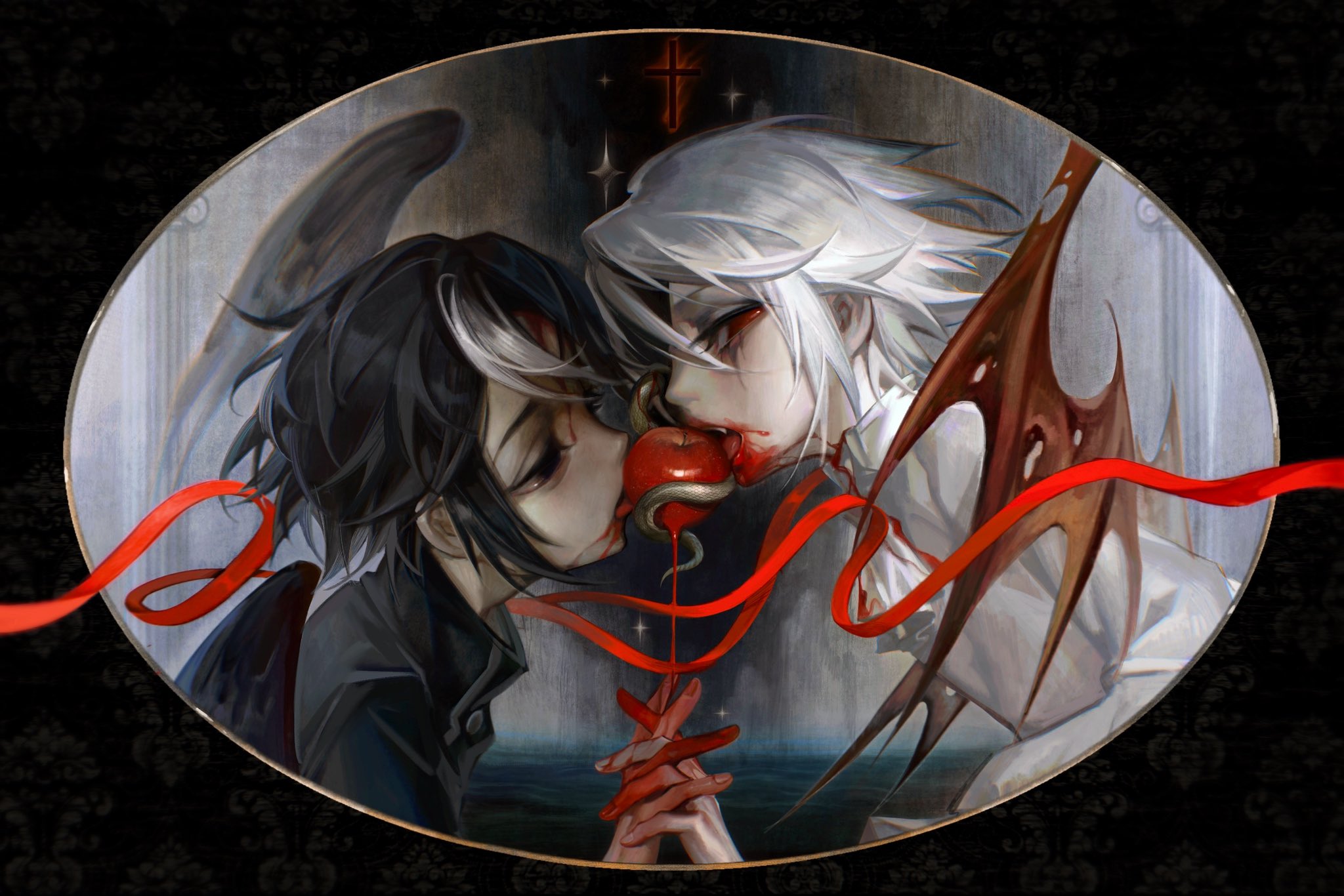 victor grantz, victor grantz (the embrace), identity v, highres, 0212tu, 2boys, apple, ascot, black eyes, black hair, black shirt, black wings, blood, blood on face, blood on hands, demon wings, fangs, feathered wings, food, fruit, hair between eyes, indirect kiss, interlocked fingers, makeup, male focus, multicolored hair, multiple boys, red eyes, red ribbon, red wings, ribbon, runny makeup, shirt, snake, tongue, tongue out, two-tone hair, victor grantz (herald), white ascot, white hair, white shirt, white streaks, wings, yaoi