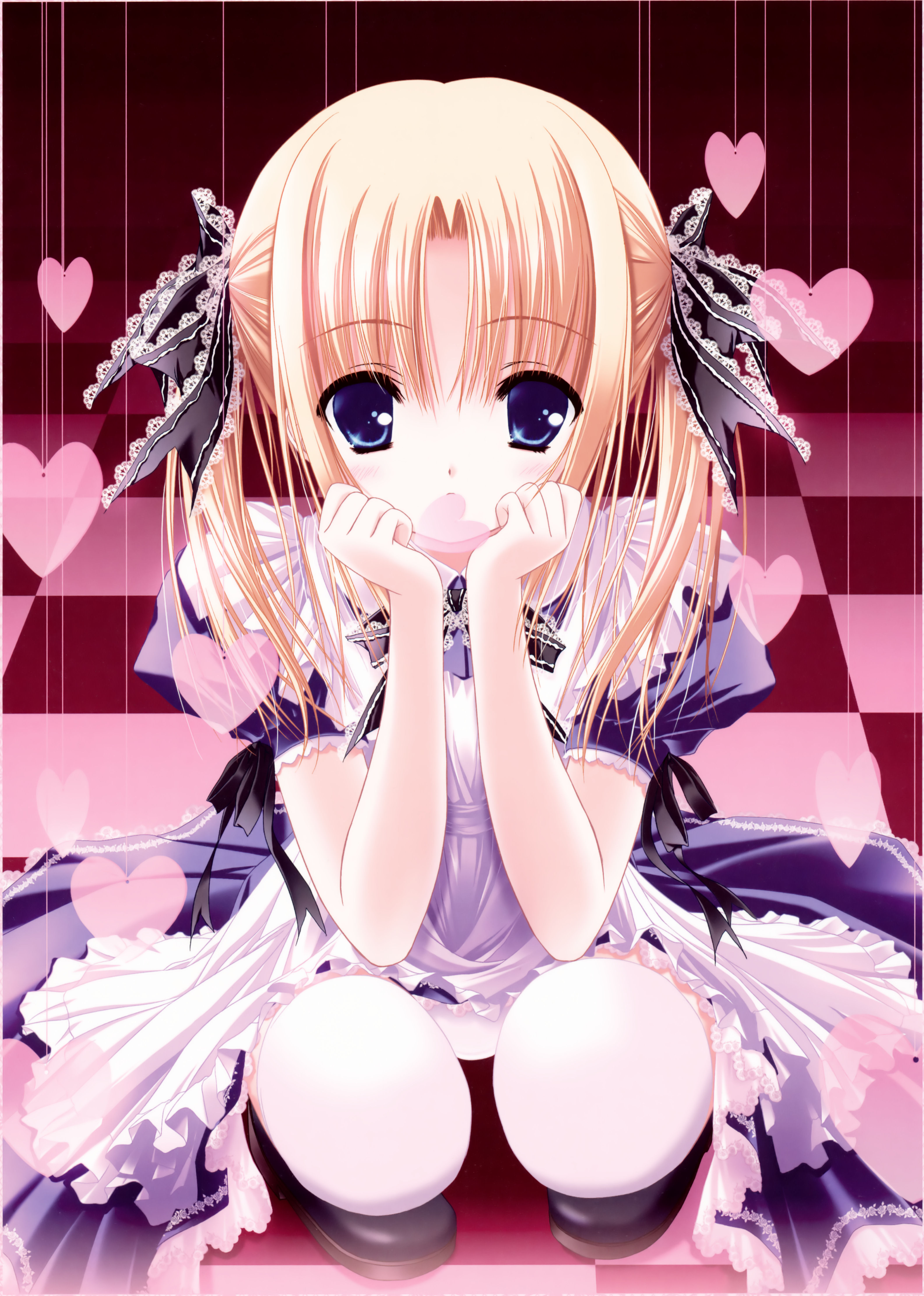 tinker bell (pixiv 10956015), absurdres, highres, 1girl, blonde hair, blue eyes, dress, female focus, mouth hold, panties, pantyshot, solo, squatting, thighhighs, twintails, underwear, upskirt