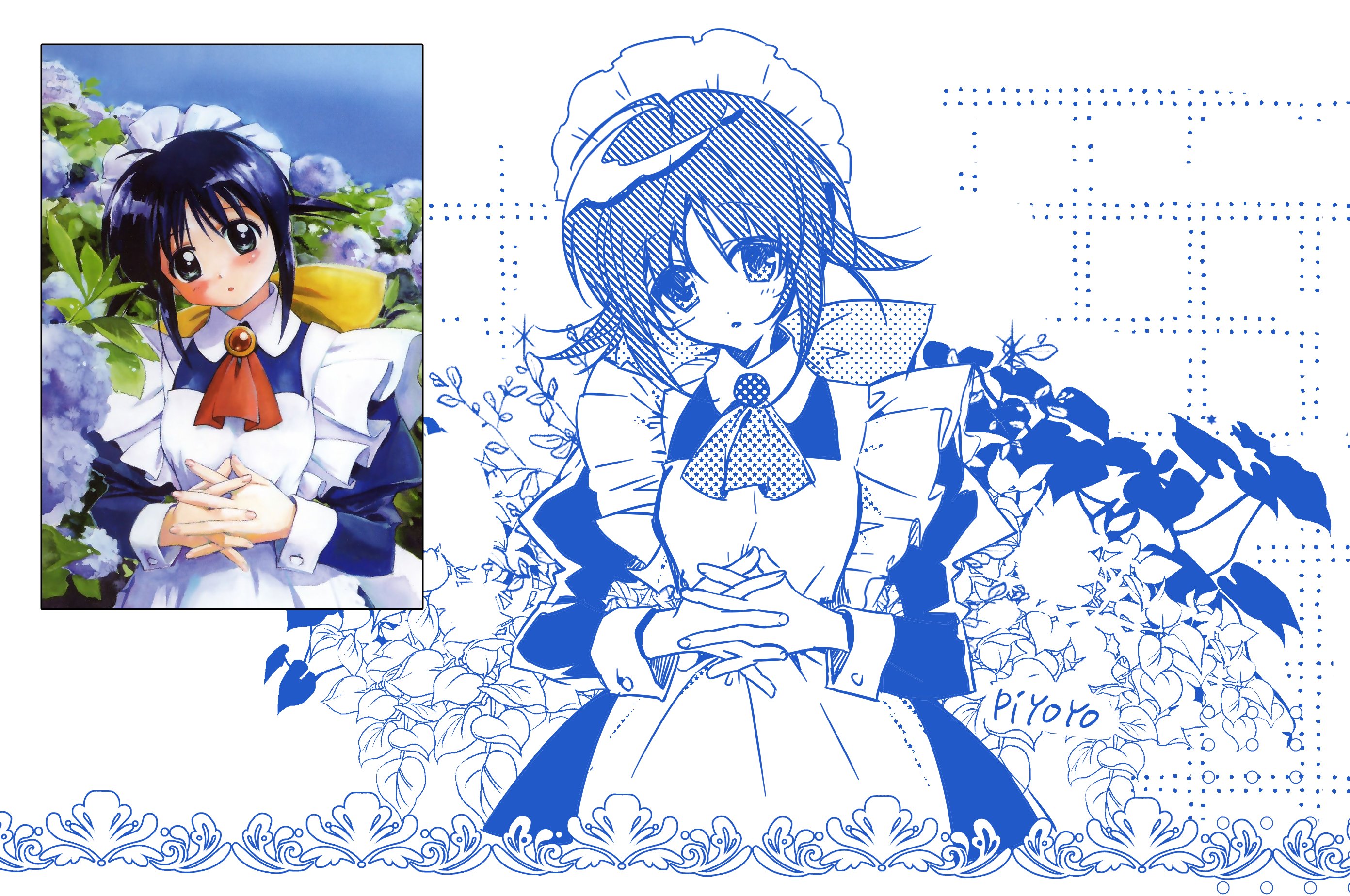 piyoyono sekai, andou mahoro, mahoromatic, derivative work, highres, album cover redraw, flower, gem, hair ribbon, hydrangea, long sleeves, maid, maid headdress, ribbon, white background