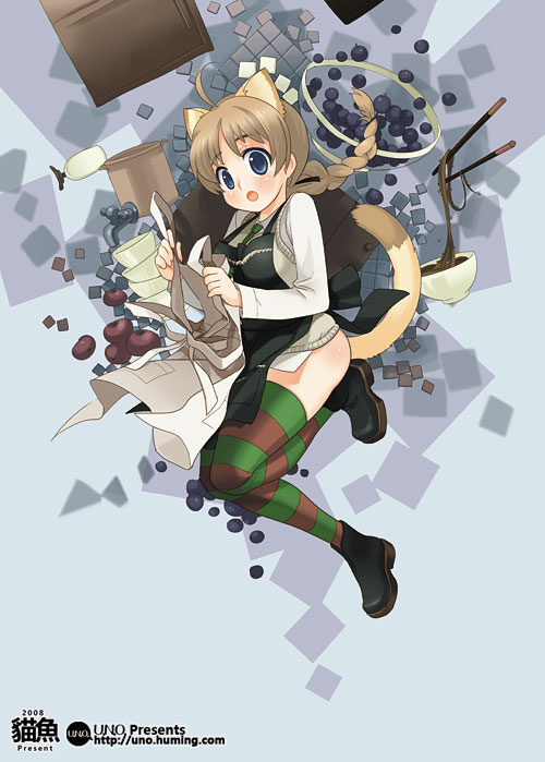 mao yu, lynette bishop, strike witches, world witches series, 00s, 1girl, animal ears, apple, apron, blue eyes, blueberry, braid, breasts, brown hair, female focus, food, fruit, legs, long hair, medium breasts, single braid, solo, striped clothes, striped thighhighs, tail, thighhighs
