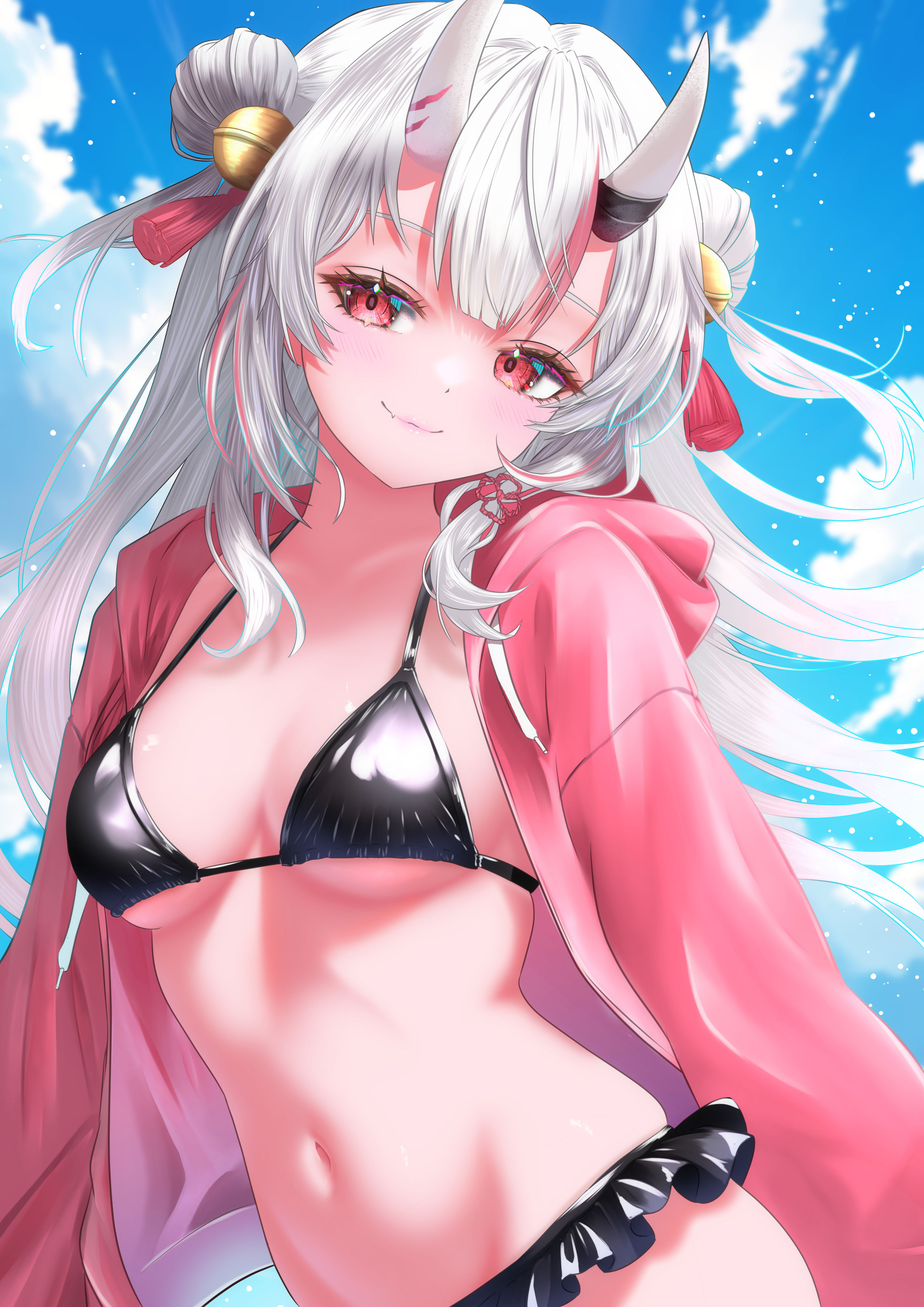 nanaki24, nakiri ayame, hololive, absurdres, highres, 1girl, alternate costume, bell, bikini, black bikini, blush, breasts, closed mouth, demon girl, demon horns, double bun, frilled bikini, frills, hair bell, hair bun, hair ornament, horns, jacket, long hair, navel, oni, pink jacket, red eyes, smile, solo, stomach, swimsuit, virtual youtuber, white hair