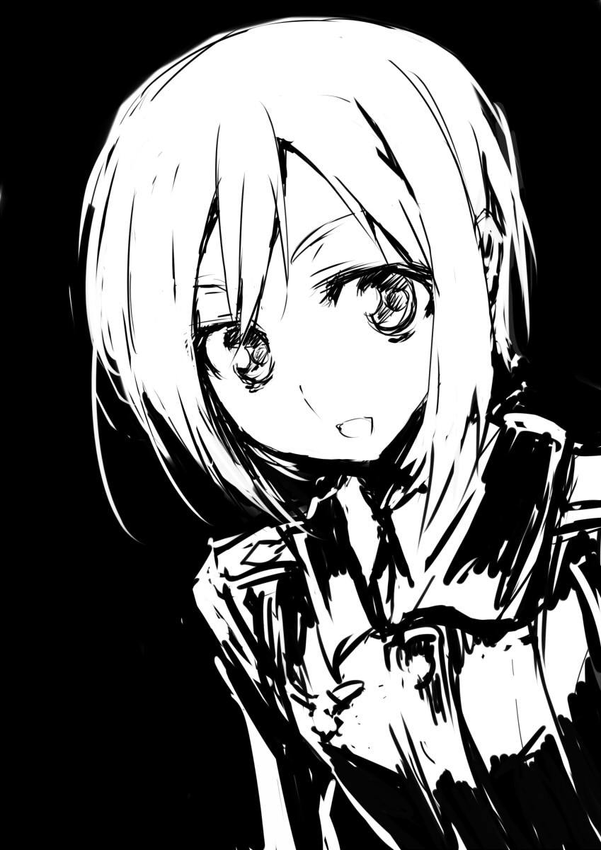 kuropan (crow panther), kurou (artist), erica hartmann, strike witches, world witches series, uniform, highres, 00s, 1girl, female focus, greyscale, monochrome, short hair, solo