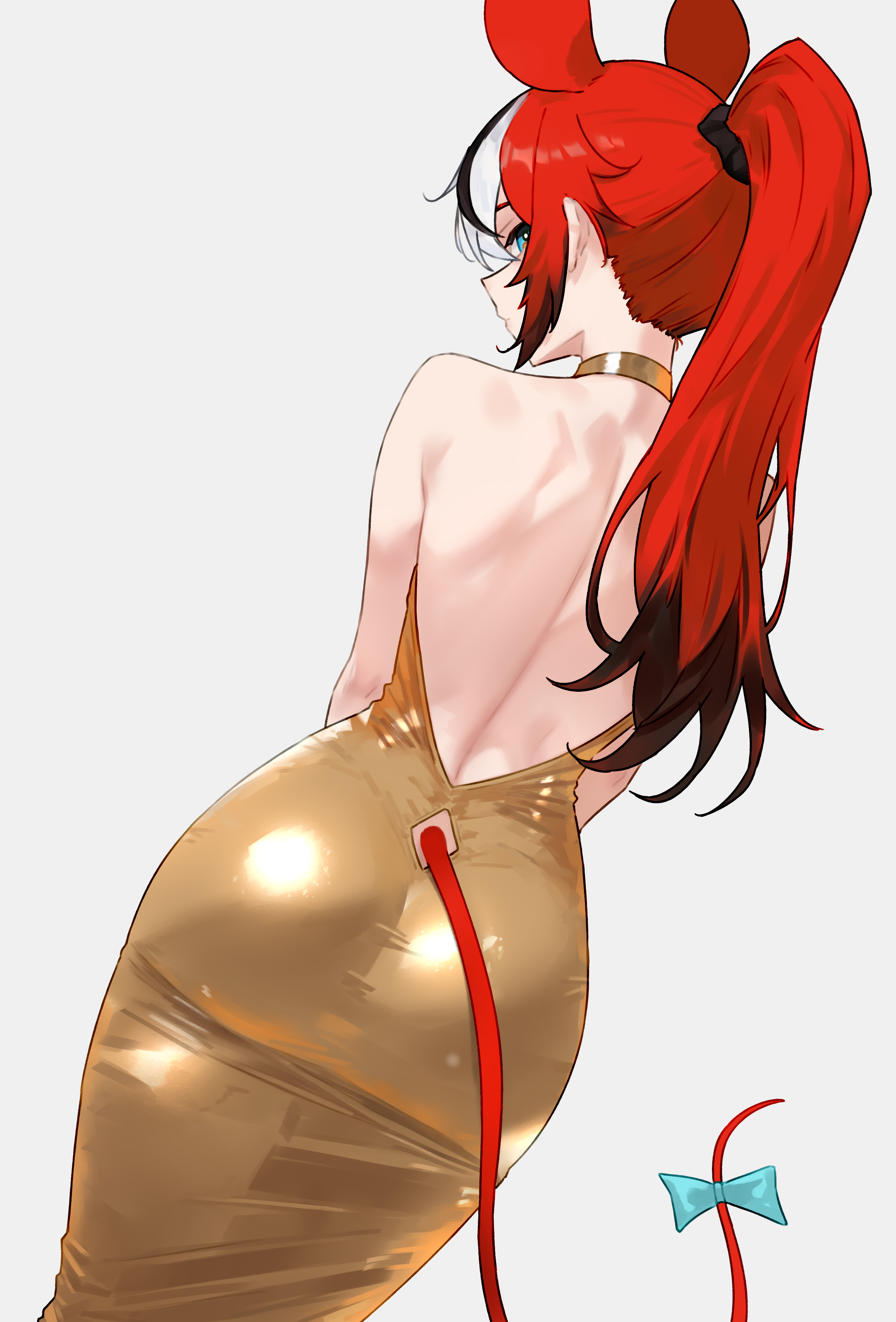 bluefield, hakos baelz, hololive, hololive english, absurdres, commentary, highres, 1girl, alternate costume, alternate hairstyle, animal ears, ass, back, backless dress, backless outfit, black hair, blue eyes, bow, clothing cutout, colored tips, dress, from behind, gold dress, golden week, high ponytail, long hair, looking at viewer, looking back, median furrow, mouse ears, mouse girl, mouse tail, multicolored hair, ponytail, red hair, simple background, sleeveless, sleeveless dress, solo, streaked hair, tail, tail bow, tail ornament, tail through clothes, virtual youtuber, white hair