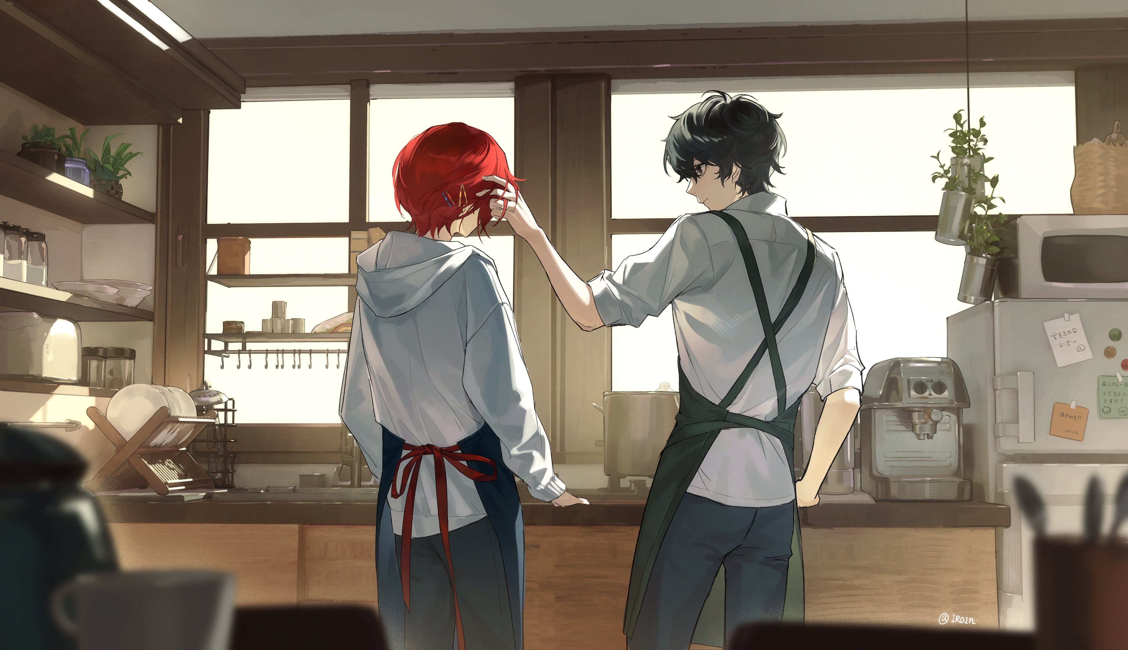 amamiya ren, persona, persona 5, persona 5: the phantom x, absurdres, commentary request, highres, 2boys, apron, black eyes, black hair, blue pants, blurry, blurry foreground, coffee maker, counter, cowboy shot, from behind, green apron, hair ornament, hairclip, hanging plant, hood, hoodie, indoors, iroin11, jar, kamishiro nagisa, kitchen, long sleeves, looking at another, male focus, microwave, multiple boys, pants, plant, plate, potted plant, red hair, refrigerator, short hair, sink, sleeve cuffs, sticky note, toaster, waist apron, white hoodie, window