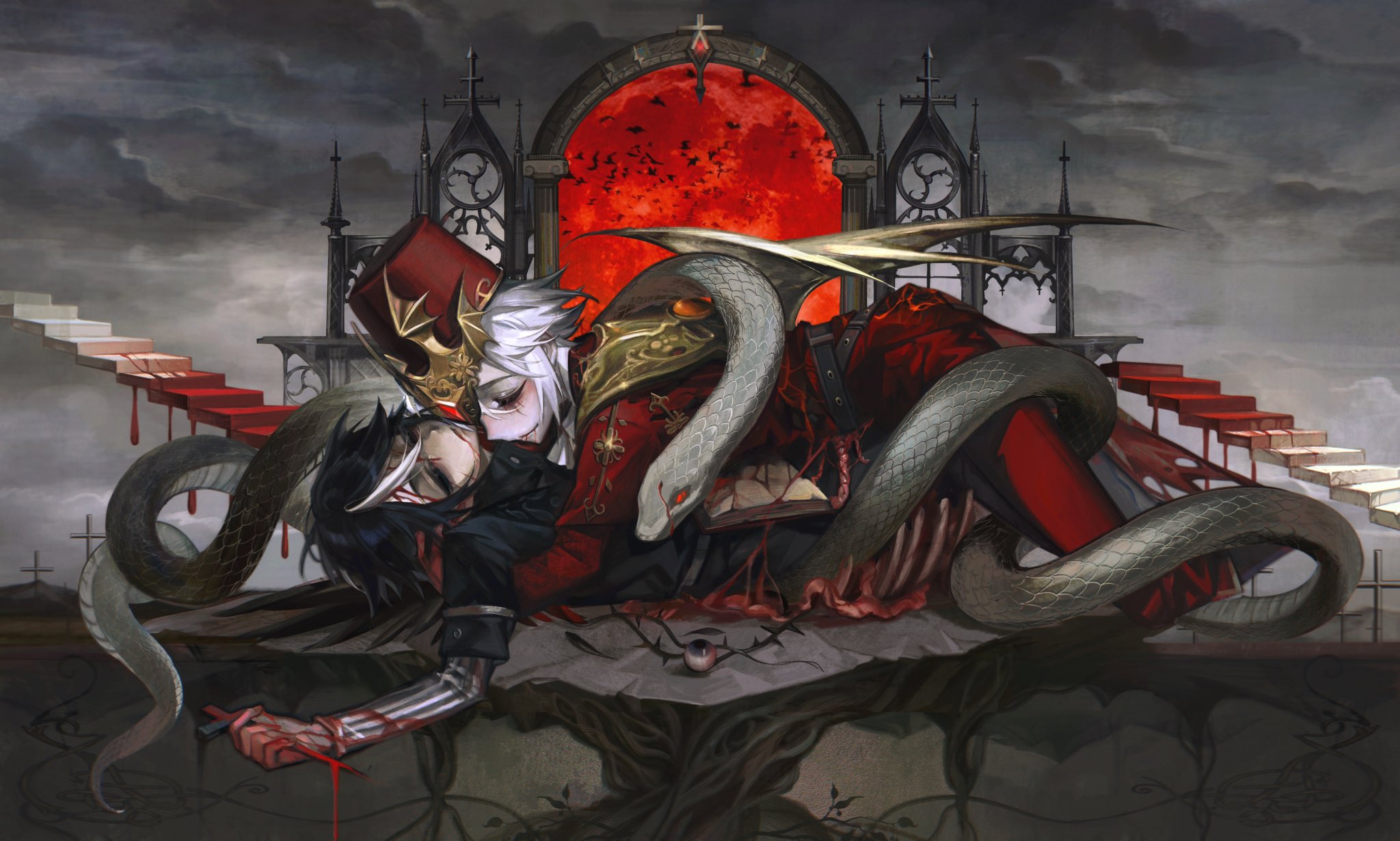 victor grantz, victor grantz (the embrace), identity v, highres, 0212tu, 2boys, architecture, bat (animal), black hair, black shirt, blood, blood from mouth, blood on face, boy on top, closed eyes, cross, crucifix, demon wings, eyeball, gold trim, gothic architecture, hand in another's hair, hat, holding, hollow eyes, injury, jacket, male focus, multicolored hair, multiple boys, pale skin, pants, red hat, red jacket, red pants, shirt, short hair, smile, snake, stairs, surreal, thorns, two-tone hair, victor grantz (herald), white hair, white streaks, wings