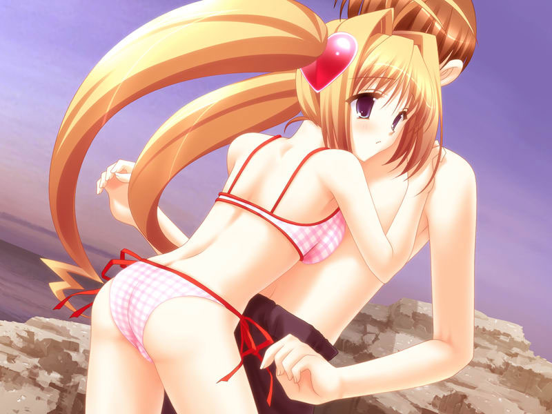 game cg, tagme, 1boy, 1girl, ass, bikini, blonde hair, blue eyes, blush, couple, hetero, hug, ocean, sky, swimsuit, twintails