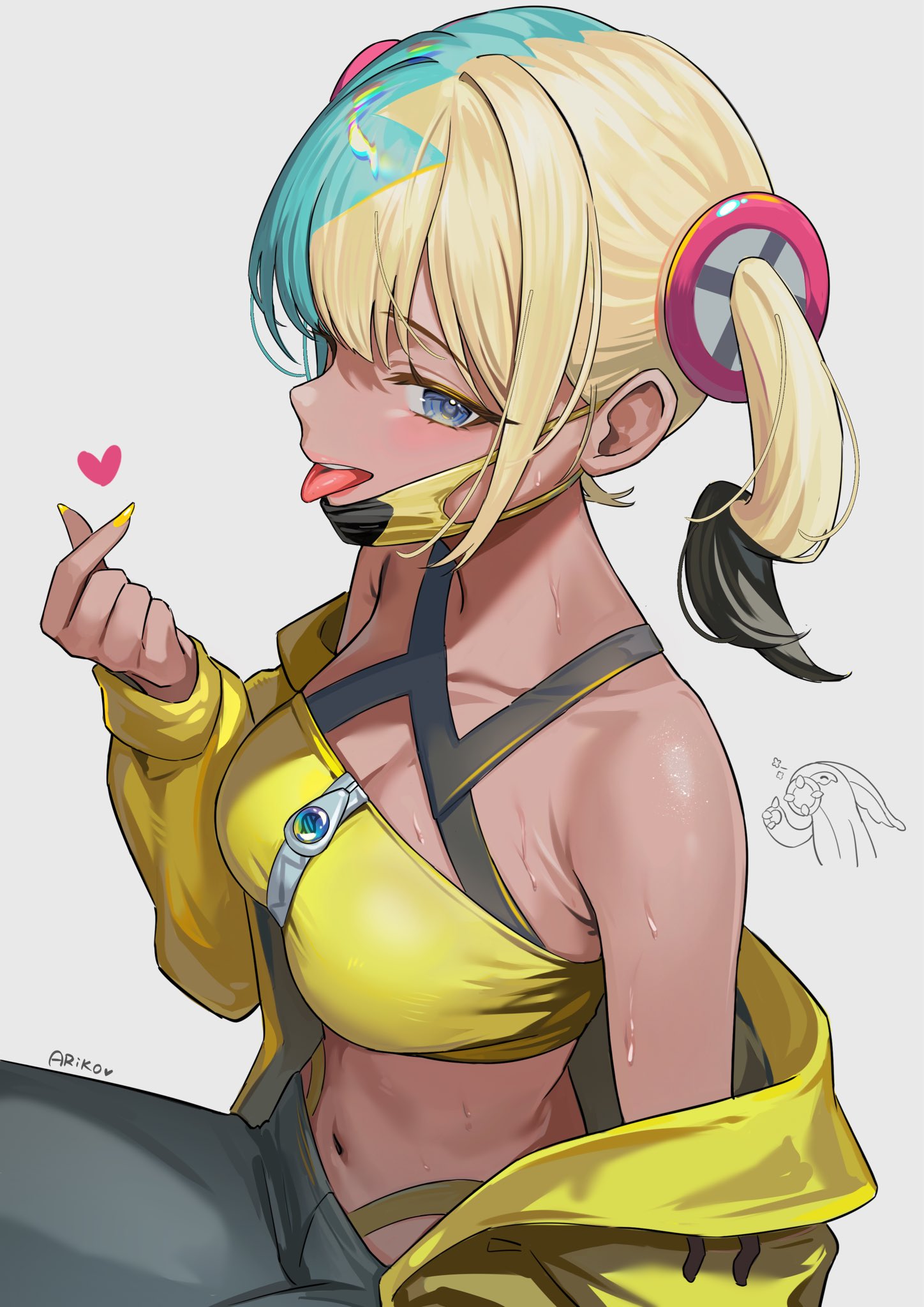 ariko (aaaaarik), canari (pokemon), nintendo, pokemon, pokemon legends: z-a, commentary, highres, 1girl, aqua hair, armpit crease, bandeau, blonde hair, blue eyes, breasts, cleavage, collarbone, criss-cross halter, crop top, dark-skinned female, dark skin, finger heart, grey pants, hair ornament, halterneck, heart, highleg, jacket, large breasts, long hair, long sleeves, looking at viewer, mask, mask pull, midriff, mouth mask, multicolored hair, nail polish, navel, off shoulder, open clothes, open jacket, open mouth, pants, shirt, short twintails, simple background, sleeveless, sleeveless shirt, smile, solo, split-color hair, stomach, sweat, tongue, tongue out, twintails, two-tone hair, white background, yellow bandeau, yellow jacket, yellow nails, yellow shirt, zipper pull tab