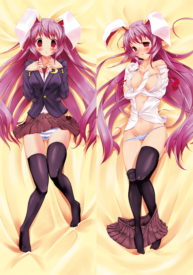 scarlet (studioscr), reisen udongein inaba, touhou, bad id, bad pixiv id, 1girl, animal ears, bed, black thighhighs, blush, breasts, dakimakura (medium), female focus, full body, large breasts, long hair, lying, multiple views, panties, rabbit ears, striped clothes, striped panties, thighhighs, underwear, very long hair