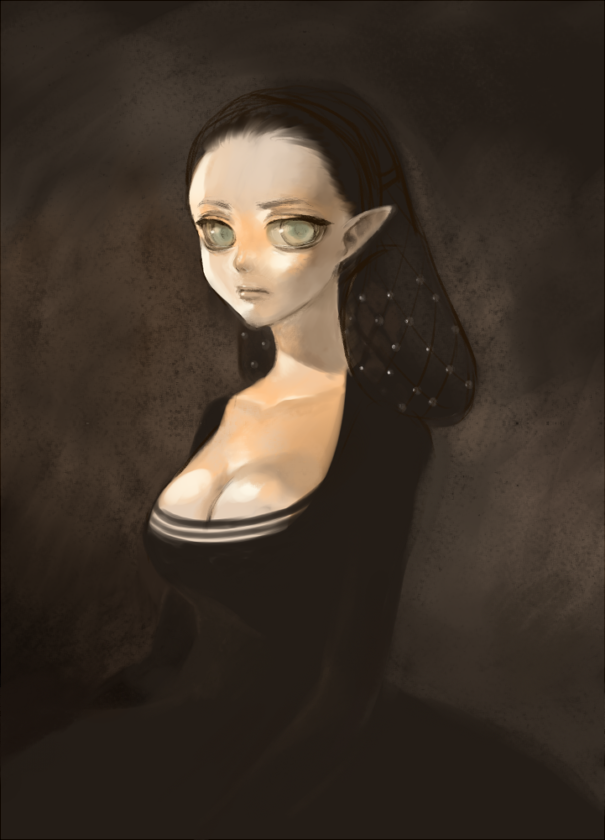 tonko, 1girl, black dress, black hair, breasts, cleavage, dress, elf, female focus, funeral dress, grey eyes, large breasts, pointy ears, solo, upper body