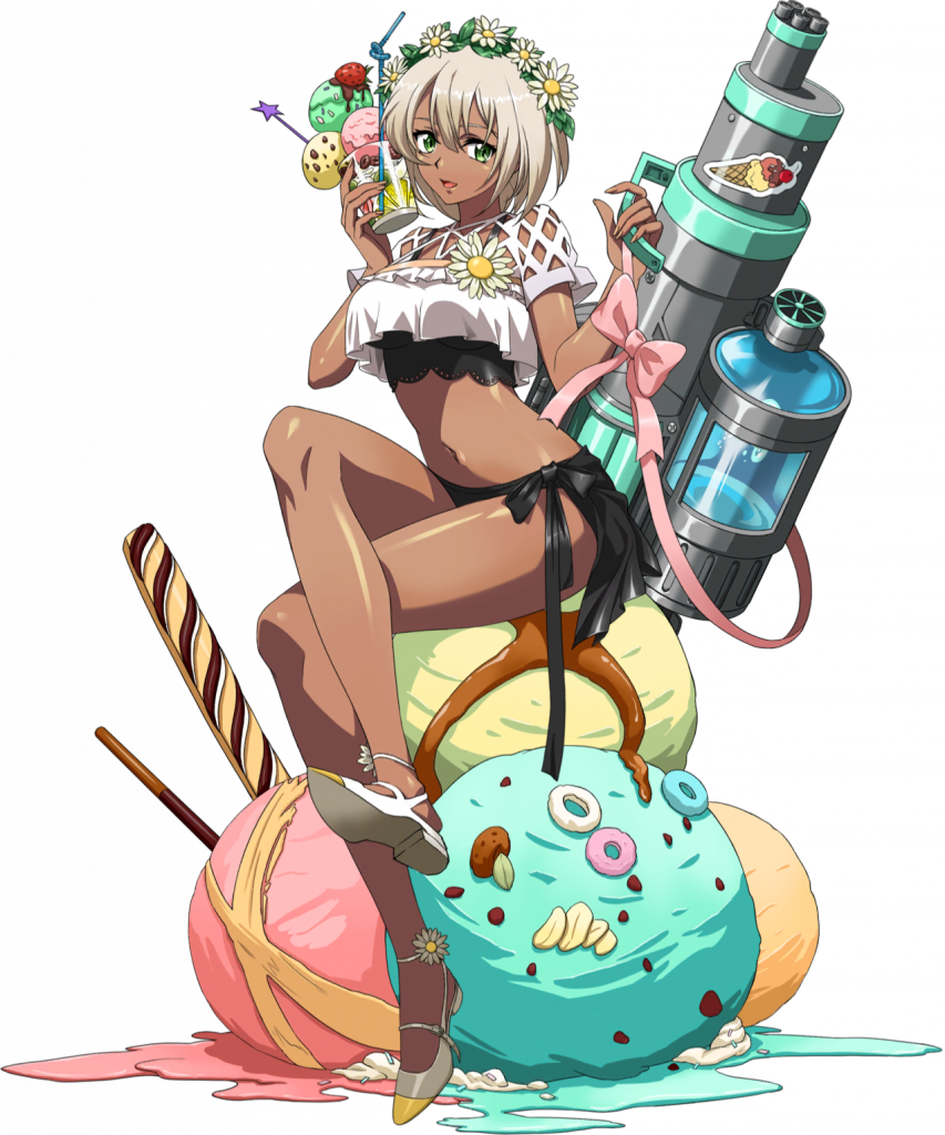 langrisser, langrisser mobile, game cg, official art, third-party source, 1girl, black bra, black sarong, bra, crossed legs, cup, dark-skinned female, dark skin, donut, drinking glass, drinking straw, flower, flower wreath, food, full body, green eyes, grey hair, hair between eyes, hair flower, hair ornament, holding, holding cup, holding water gun, ice cream, legs, looking at viewer, medium hair, melting ice cream, navel, official alternate costume, open mouth, oversized object, pink ribbon, ribbon, sarong, shiny skin, shirt, shoes, simple background, sitting, smile, solo, sprinkles, sticker, stomach, sunflower, sunflower hair ornament, suzette (langrisser), swimsuit, syrup, tachi-e, transparent background, underwear, wafer stick, water gun, white shirt, white shoes