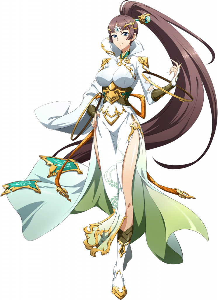 langrisser, langrisser mobile, game cg, official art, third-party source, 1girl, azusa (langrisser), blue eyes, boots, bracelet, bracer, breasts, bridal gauntlets, brown hair, china dress, chinese clothes, circlet, closed mouth, collared dress, corset, crossed legs, dress, floating clothes, floating hair, forehead jewel, full body, gold bracelet, gold trim, green corset, hair ornament, hand on own hip, hand up, high collar, high ponytail, hoop bracelet, jewelry, large breasts, light smile, long hair, long sleeves, looking at viewer, mandarin collar, multiple bracelets, parted bangs, pelvic curtain, ponytail, side slit, sidelocks, simple background, solo, standing, strap, tachi-e, transparent background, very long hair, white boots, white dress