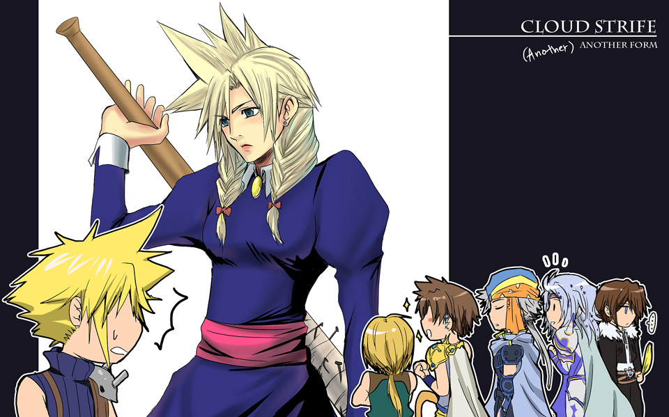 meru, bartz klauser, cecil harvey, cloud strife, firion, squall leonhart, zidane tribal, dissidia final fantasy, final fantasy, final fantasy ii, final fantasy iv, final fantasy ix, final fantasy v, final fantasy vii, final fantasy viii, 1980s (style), commentary, 00s, 1990s (style), 6+boys, ^^^, alternate costume, baseball bat, blonde hair, blue eyes, braid, brown hair, cape, character name, closed eyes, crossdressing, crossdressing (mtf), dress, dual persona, feathers, male focus, multiple boys, nail (hardware), nail bat, official alternate costume, oldschool, ponytail, retro artstyle, shoulder pads, sparkle, spiked hair, surprised, twin braids, wall market, weapon