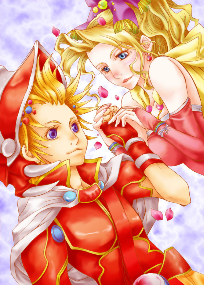 onion knight, tina branford, dissidia final fantasy, final fantasy, final fantasy iii, final fantasy vi, 1990s (style), amano yoshitaka design, armor, blonde hair, blue eyes, blush, bow, couple, detached sleeves, earrings, elbow gloves, fingerless gloves, gloves, hair bow, helmet, holding hands, jewelry, retro artstyle, smile